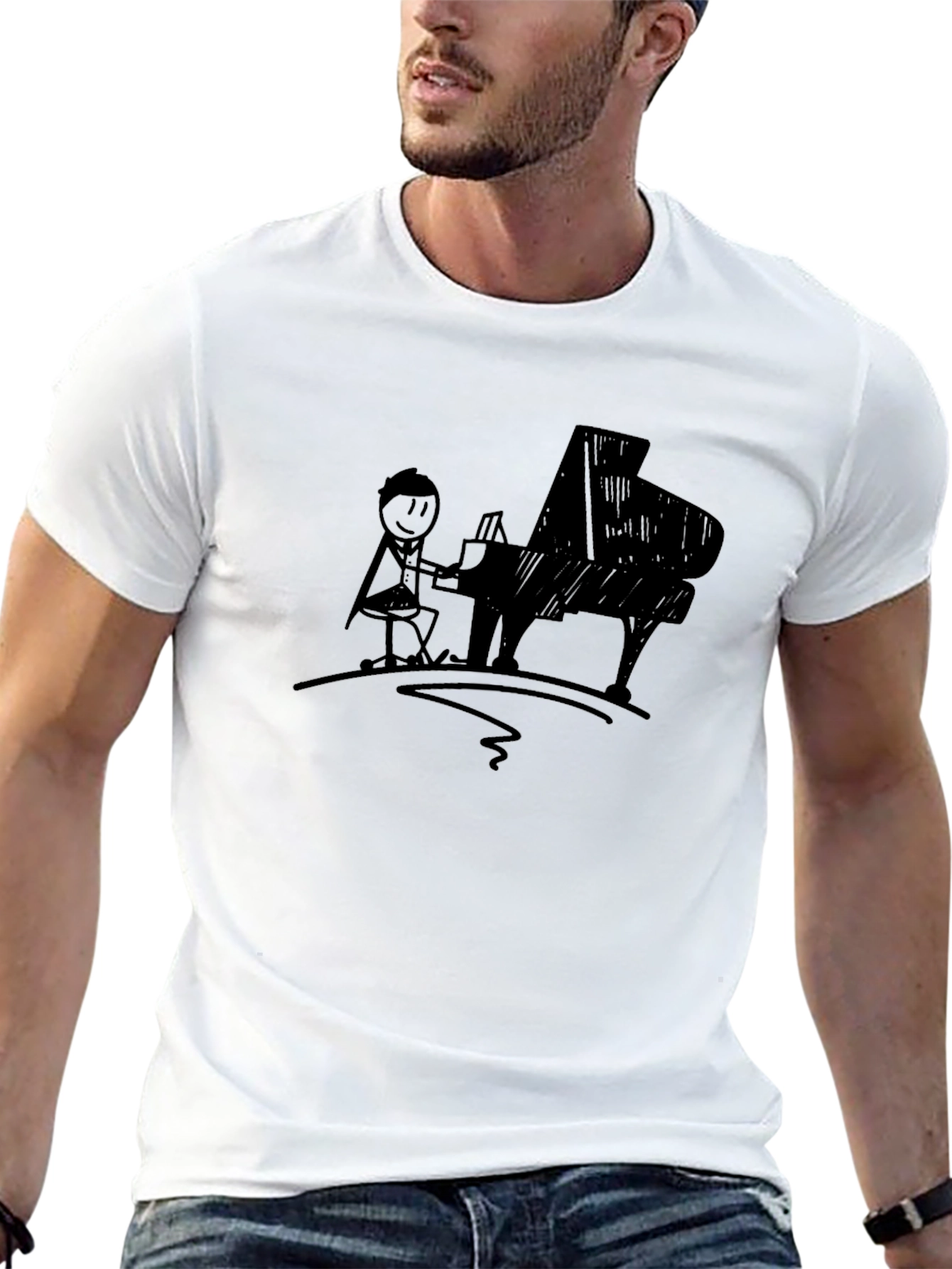 Black Piano Player Graphic Tee - Black Cotton T-Shirt view 13