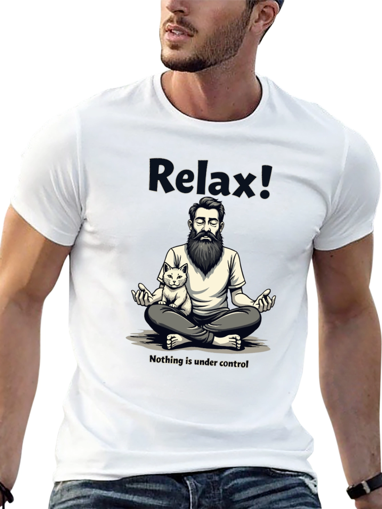 Black Relax! Meditation Cat Graphic Tee - Comfy Cotton view 13