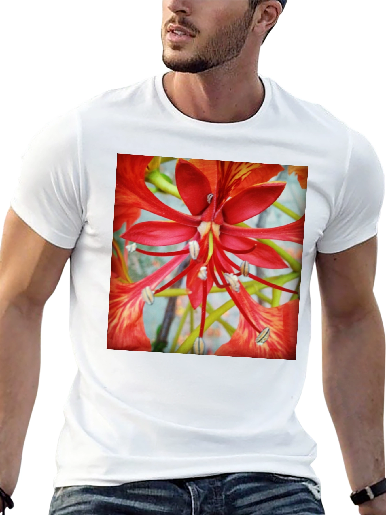 Black Bold Floral T-Shirt - Vivid Red Blossom Design view 13