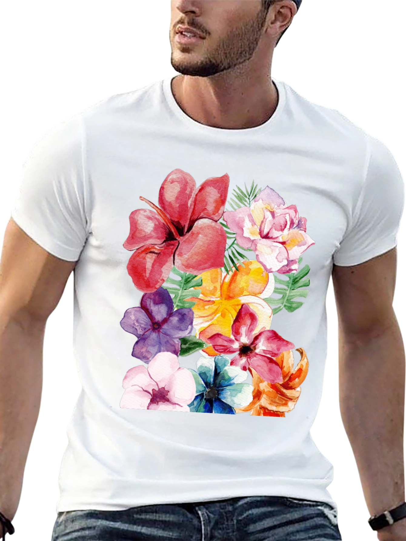 Black Floral Print Black T-Shirt - Tropical Flower Design view 13
