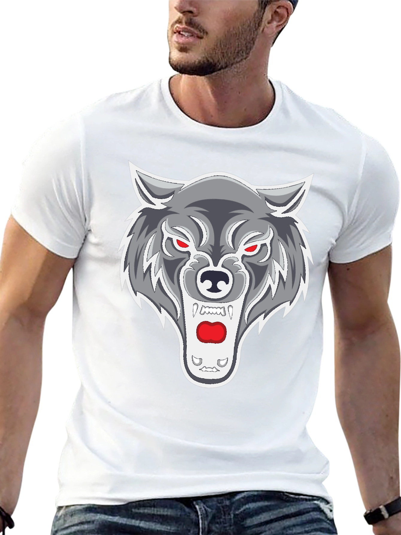 Black Men's Black T-Shirt with Wolf Graphic view 13