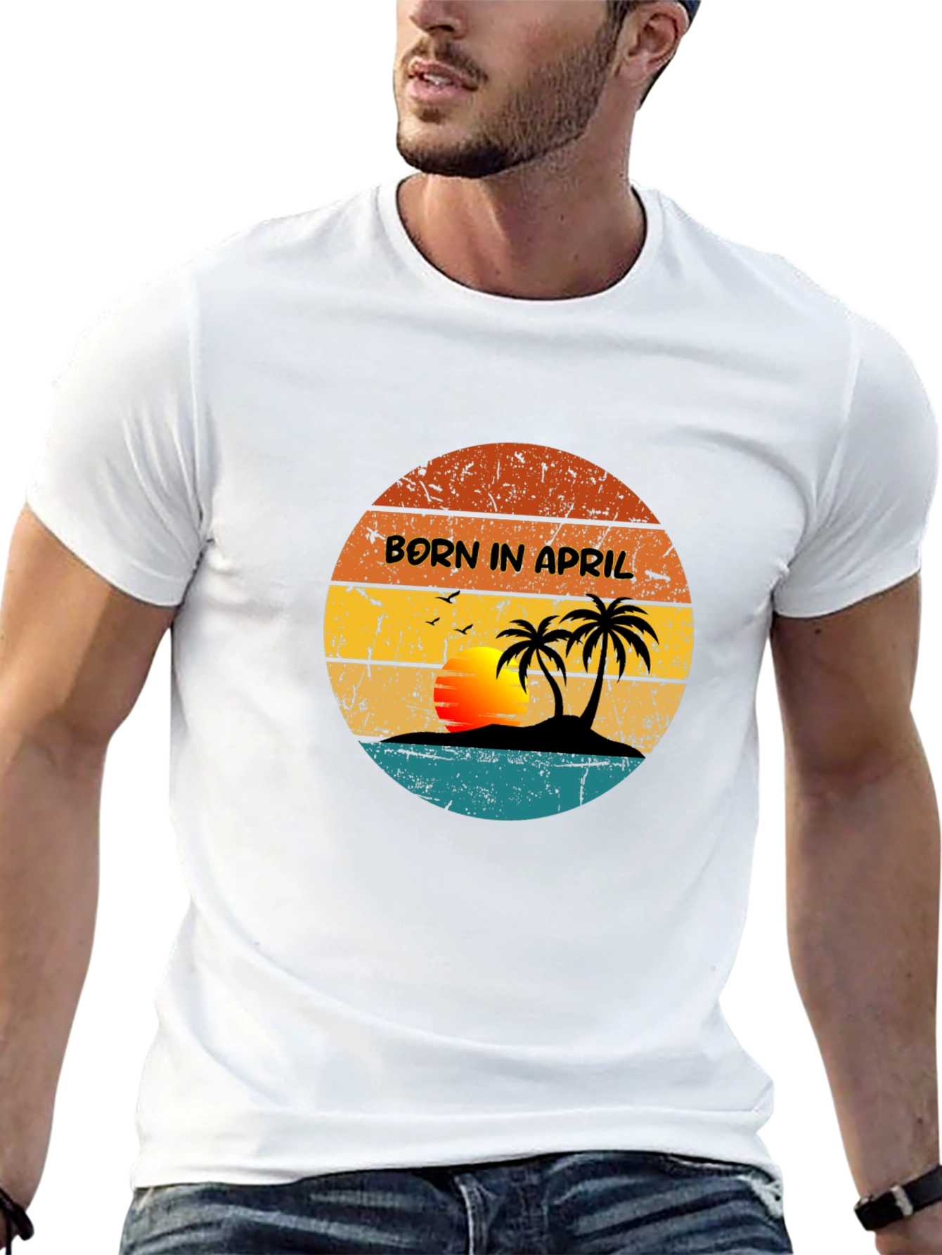 Black Born In April Retro Sunset Graphic T-Shirt view 13