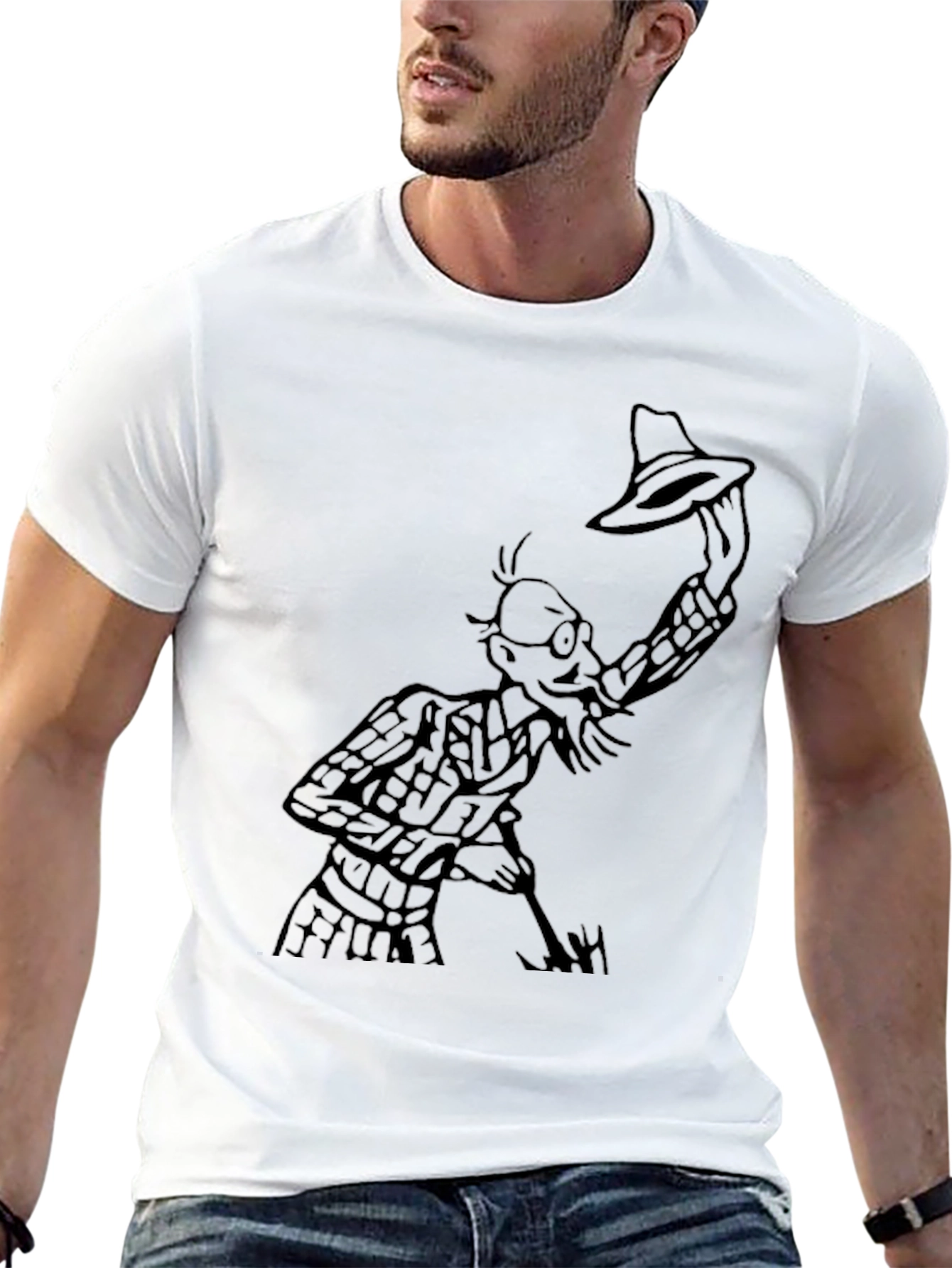 Black Black T-Shirt with Cartoon Man Holding Hat view 13