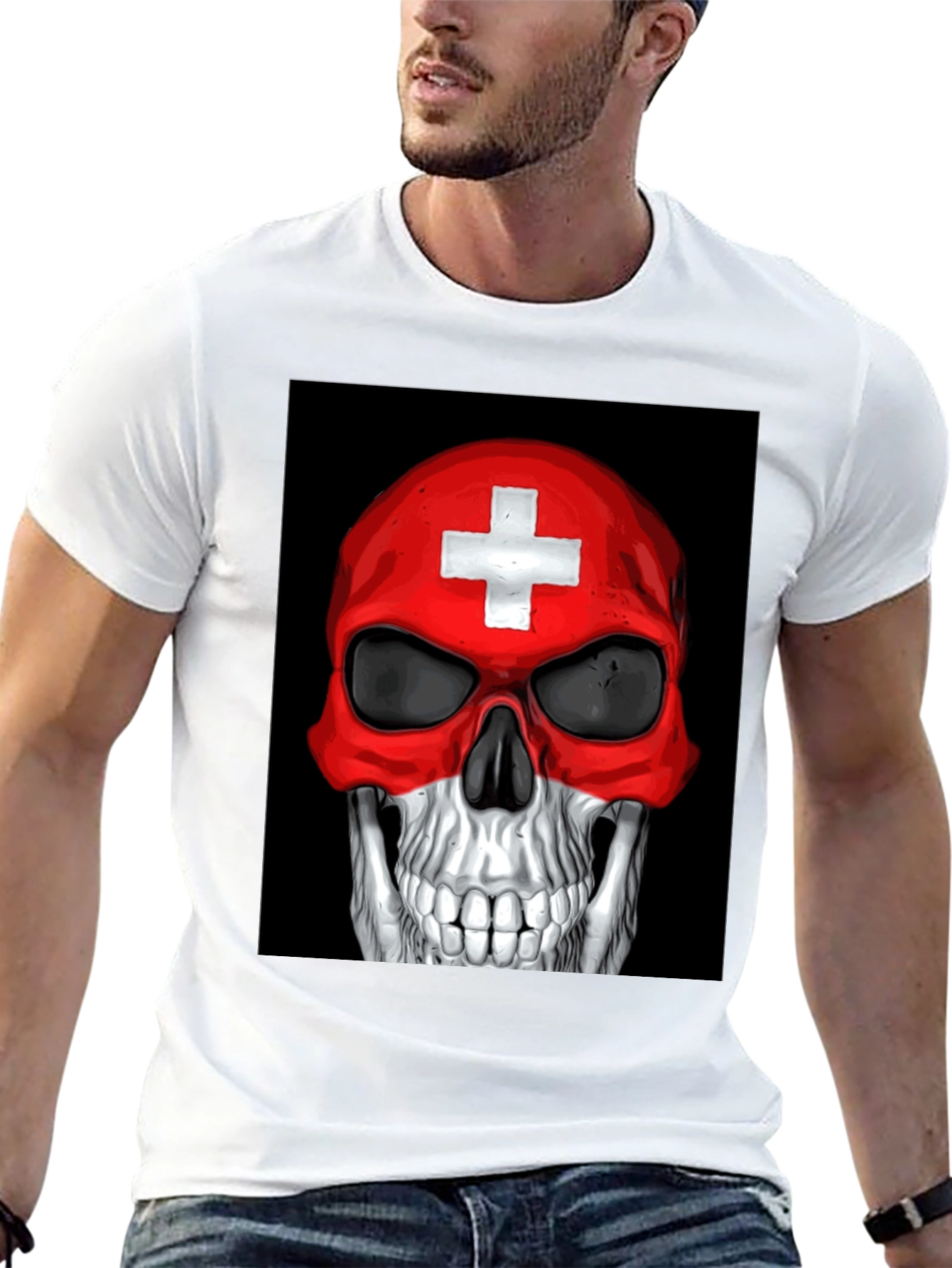 Black Skull Switzerland Flag Graphic Tee - Black Cotton T-Shirt view 13