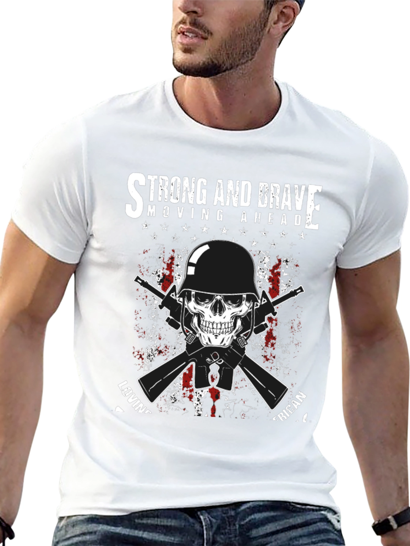 Black Strong & Brave Patriotic Skull Graphic T-Shirt view 13