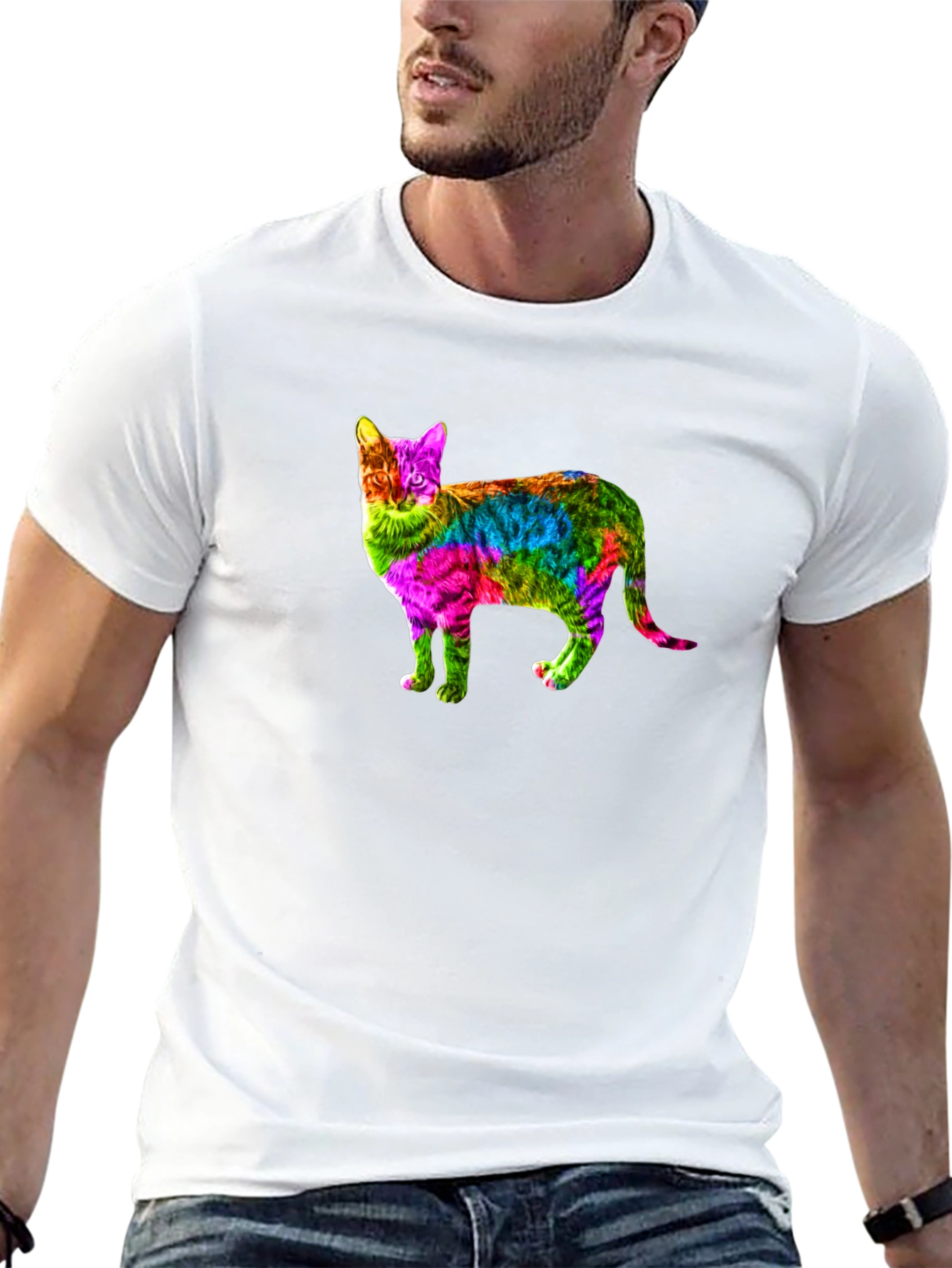 Black Rainbow Cat Graphic Print Black T-Shirt view 13