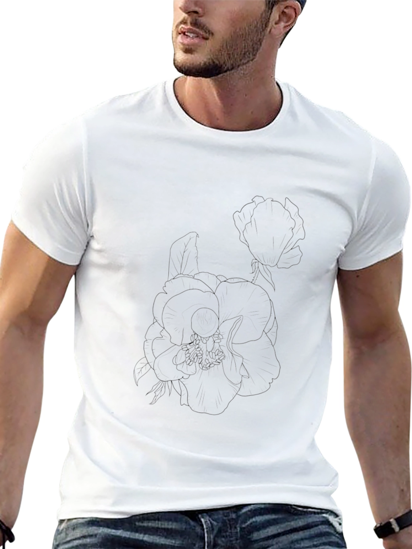 Black Men's Black Floral Outline Graphic Tee view 13