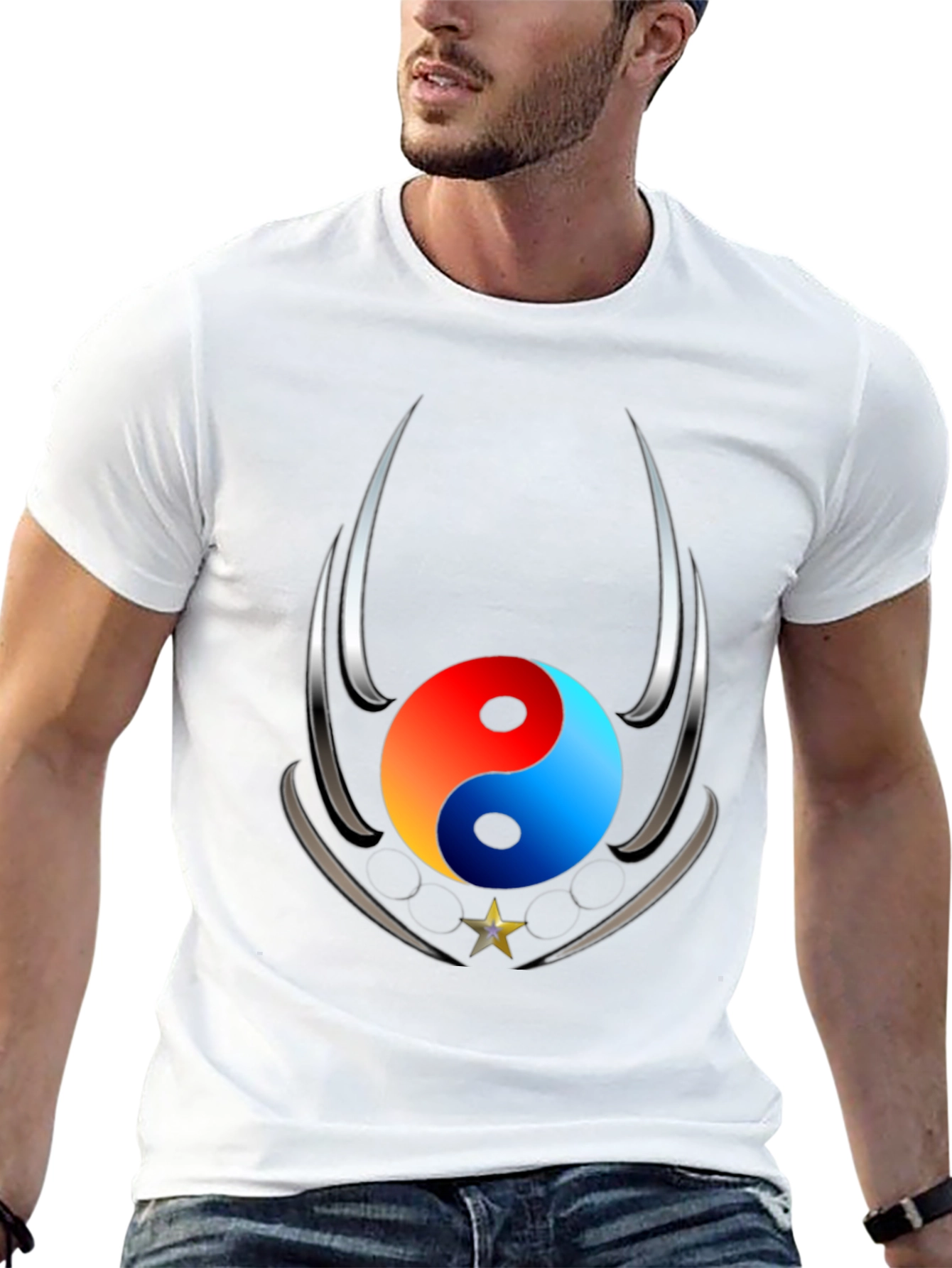 Black Yin Yang Star Graphic Black T-Shirt view 13