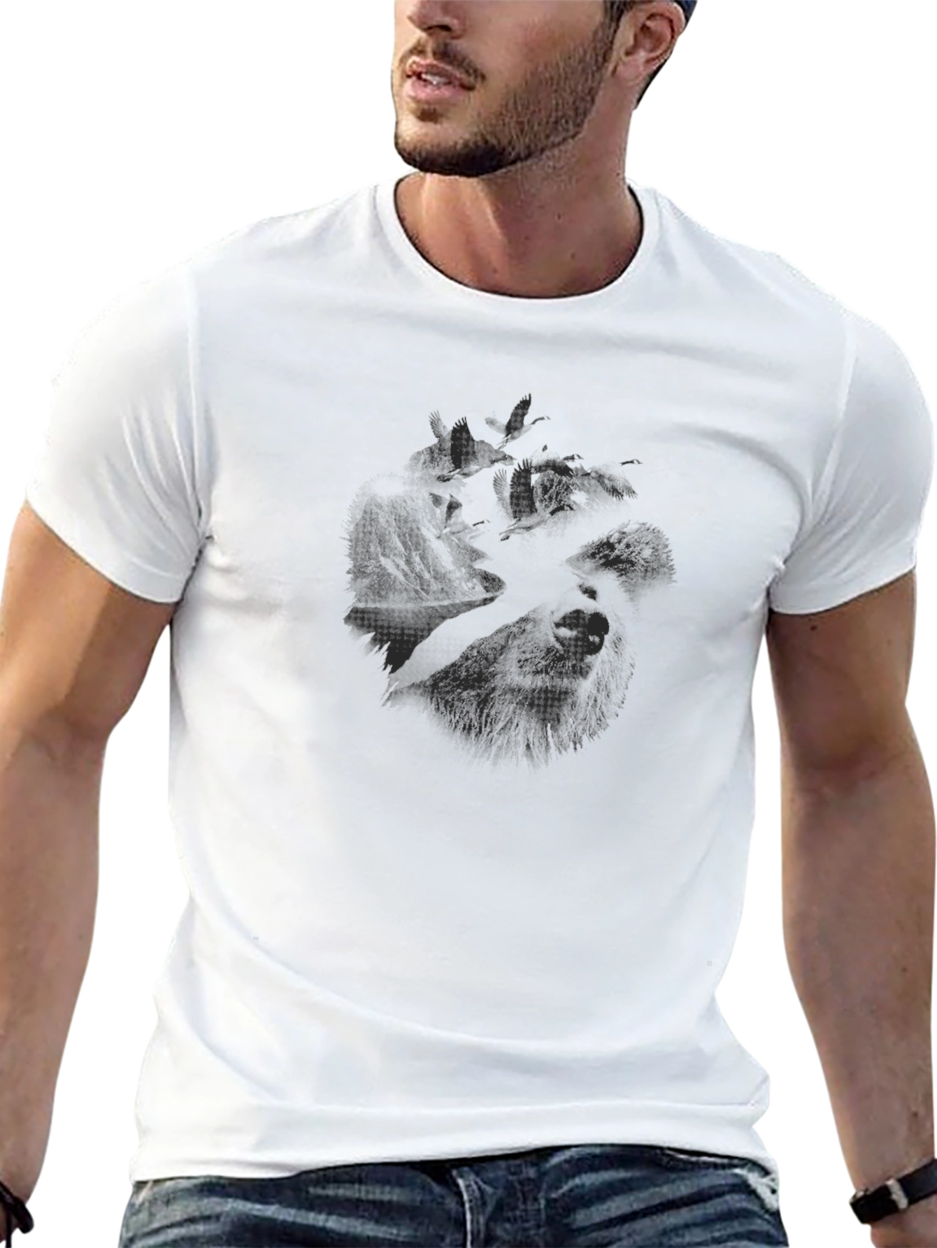 Black Men's Black Graphic T-Shirt - Wolf Design view 13