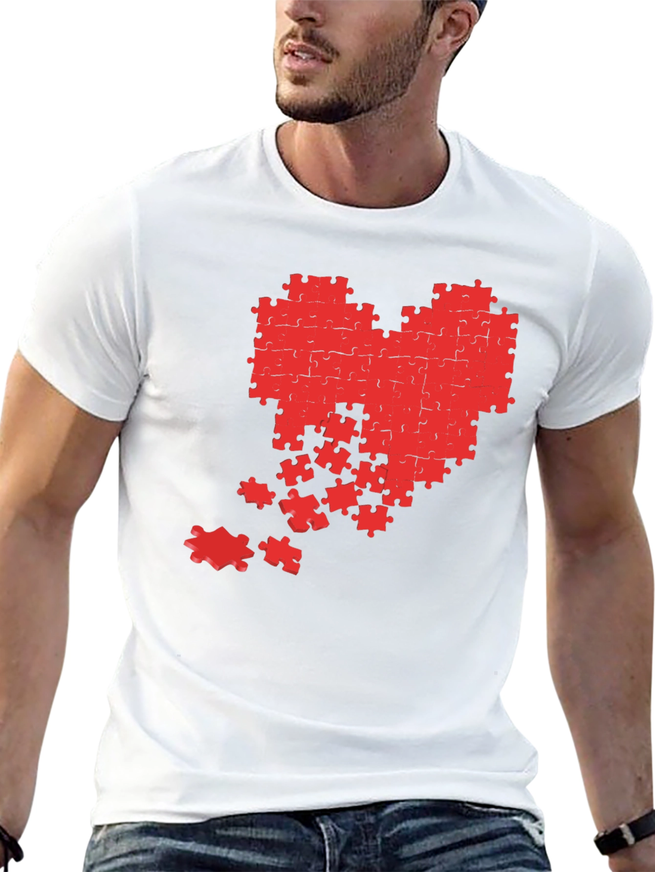 Black Puzzle Heart Graphic Tee - Black Cotton Casual Shirt view 13