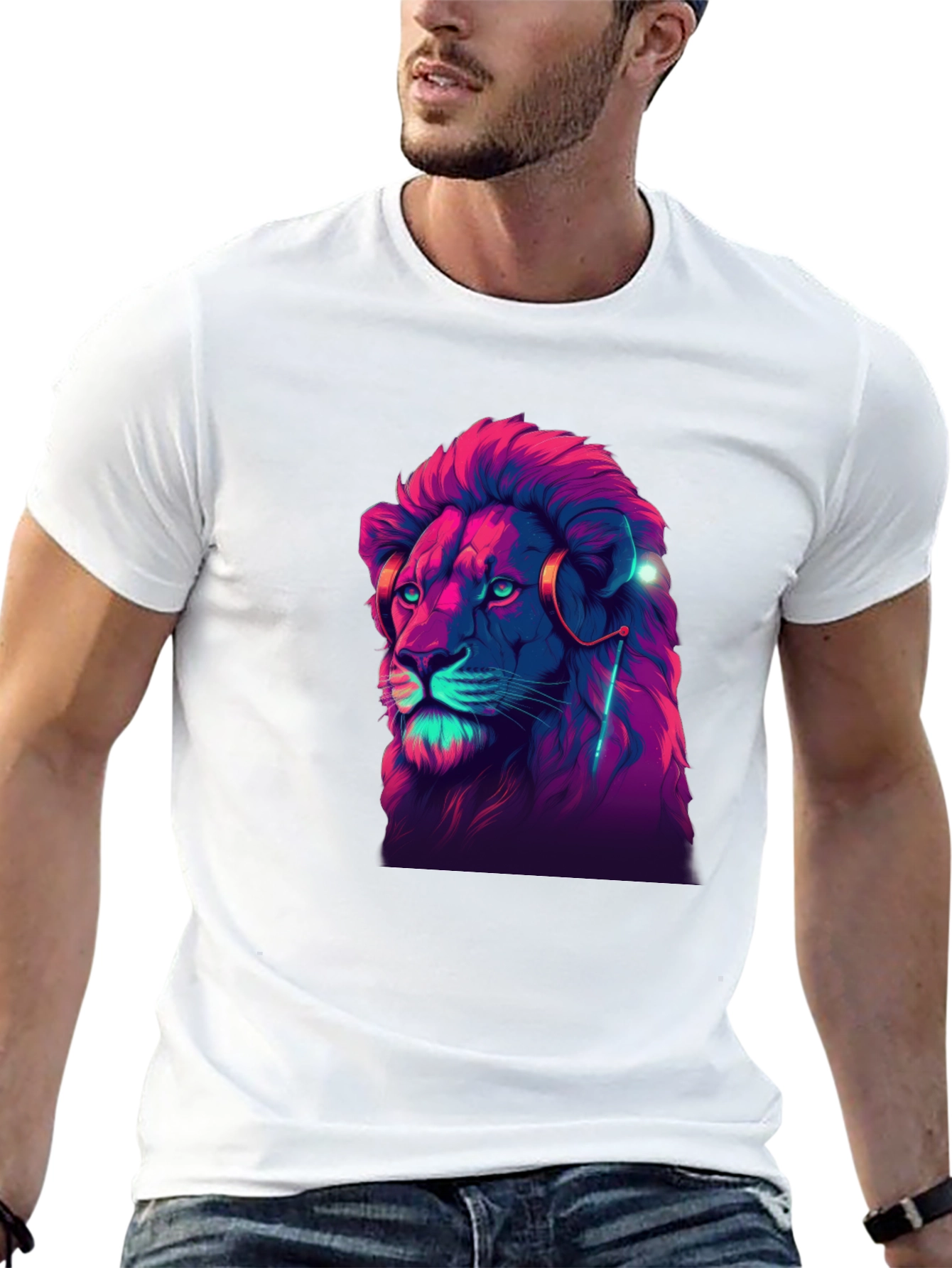 Black Neon Lion Graphic Black T-Shirt view 13