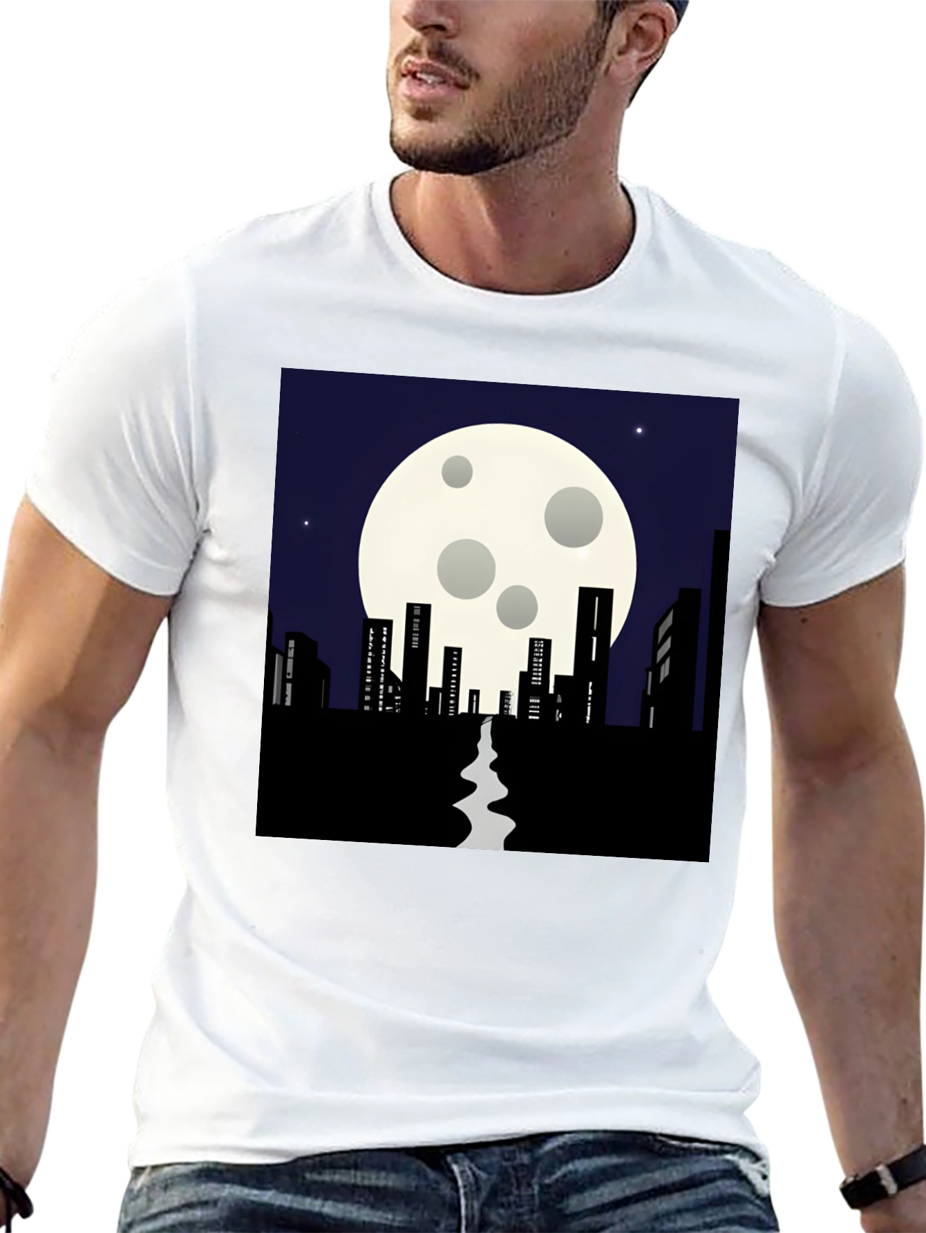 Black Night Cityscape T-Shirt: Moonlit Silhouette Tee view 13