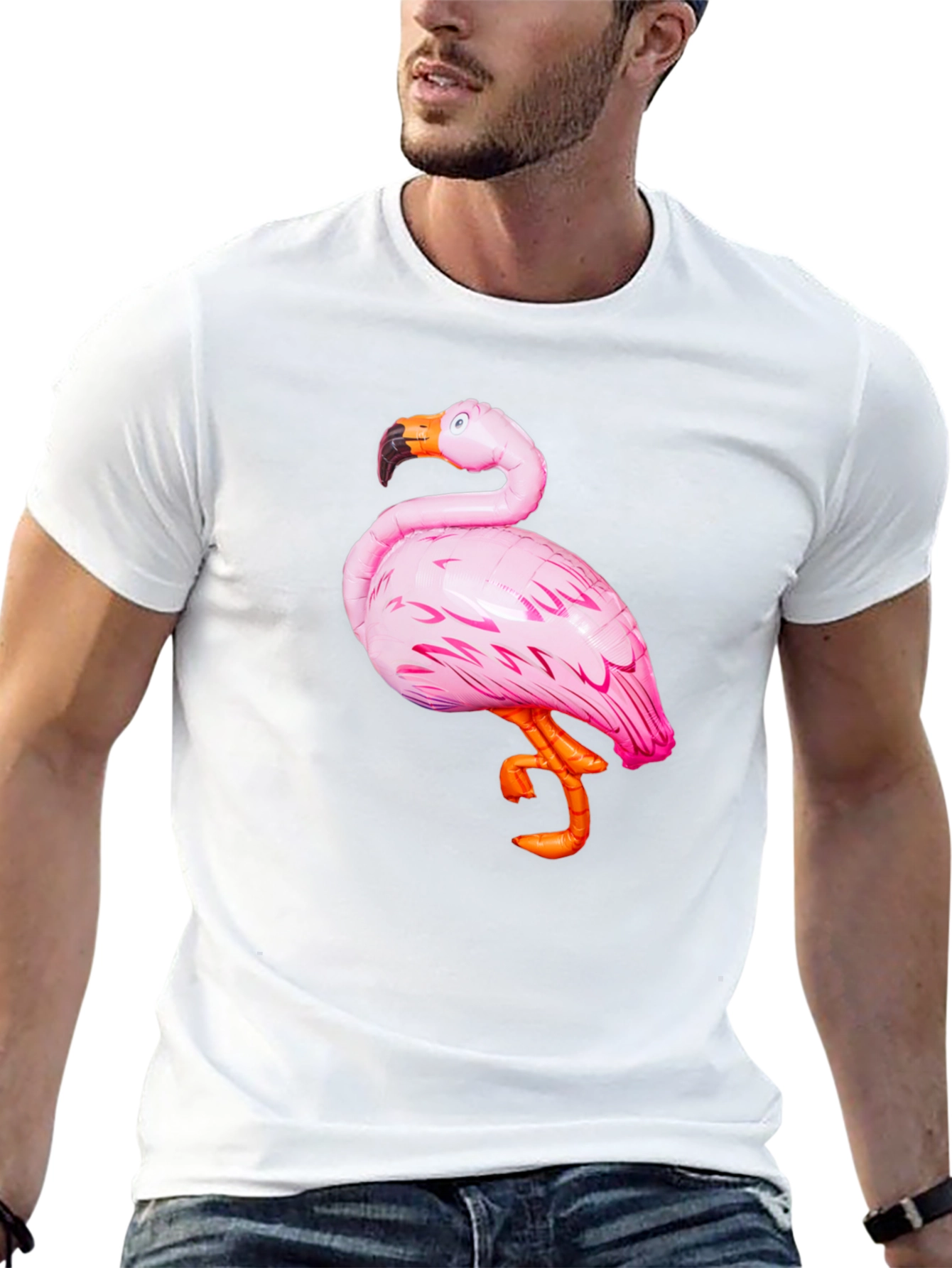 Black Men's Black T-Shirt with Pink Flamingo Graphic view 13