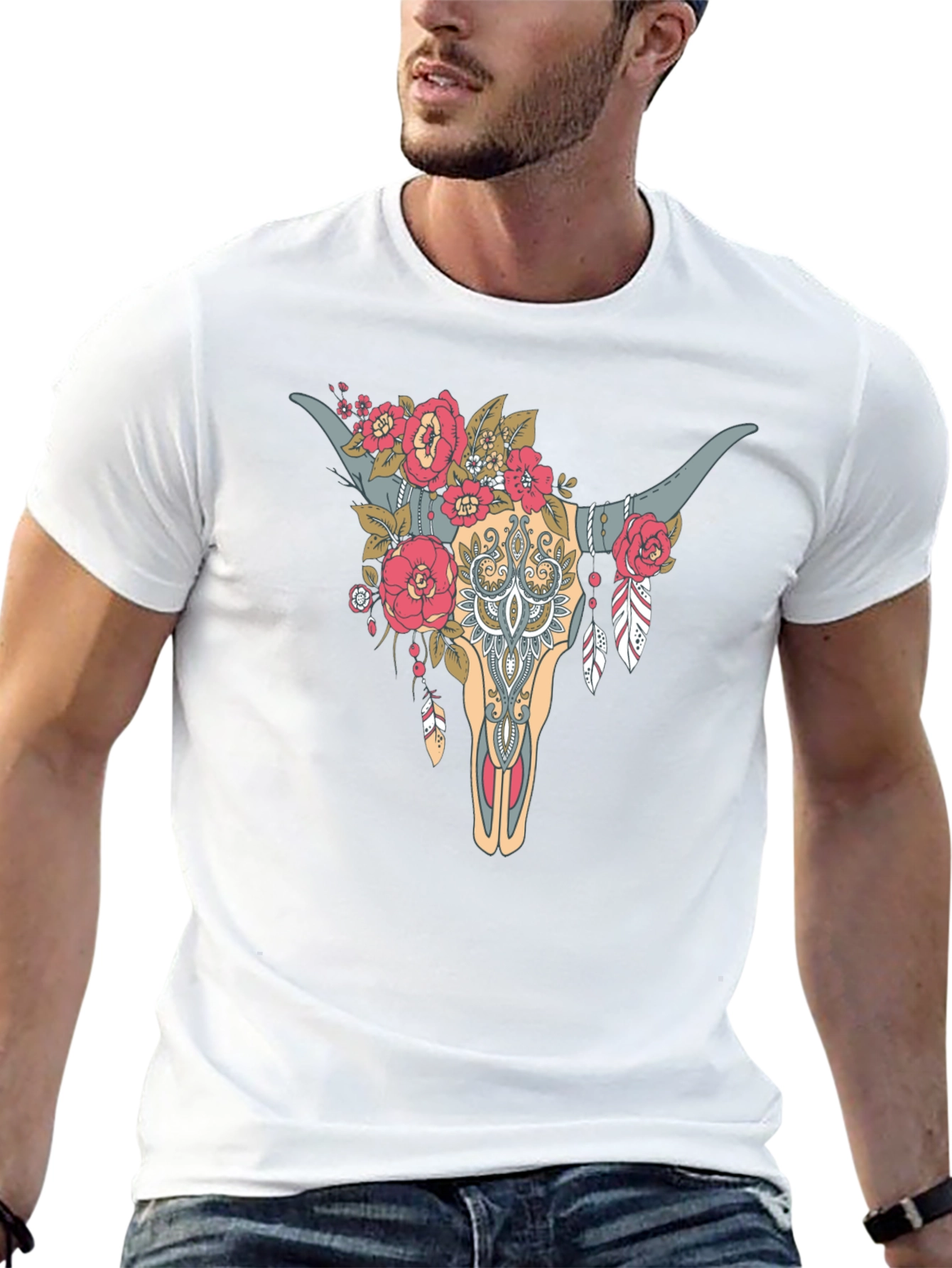 Black Floral Bull Skull Graphic Tee - Western Style view 13