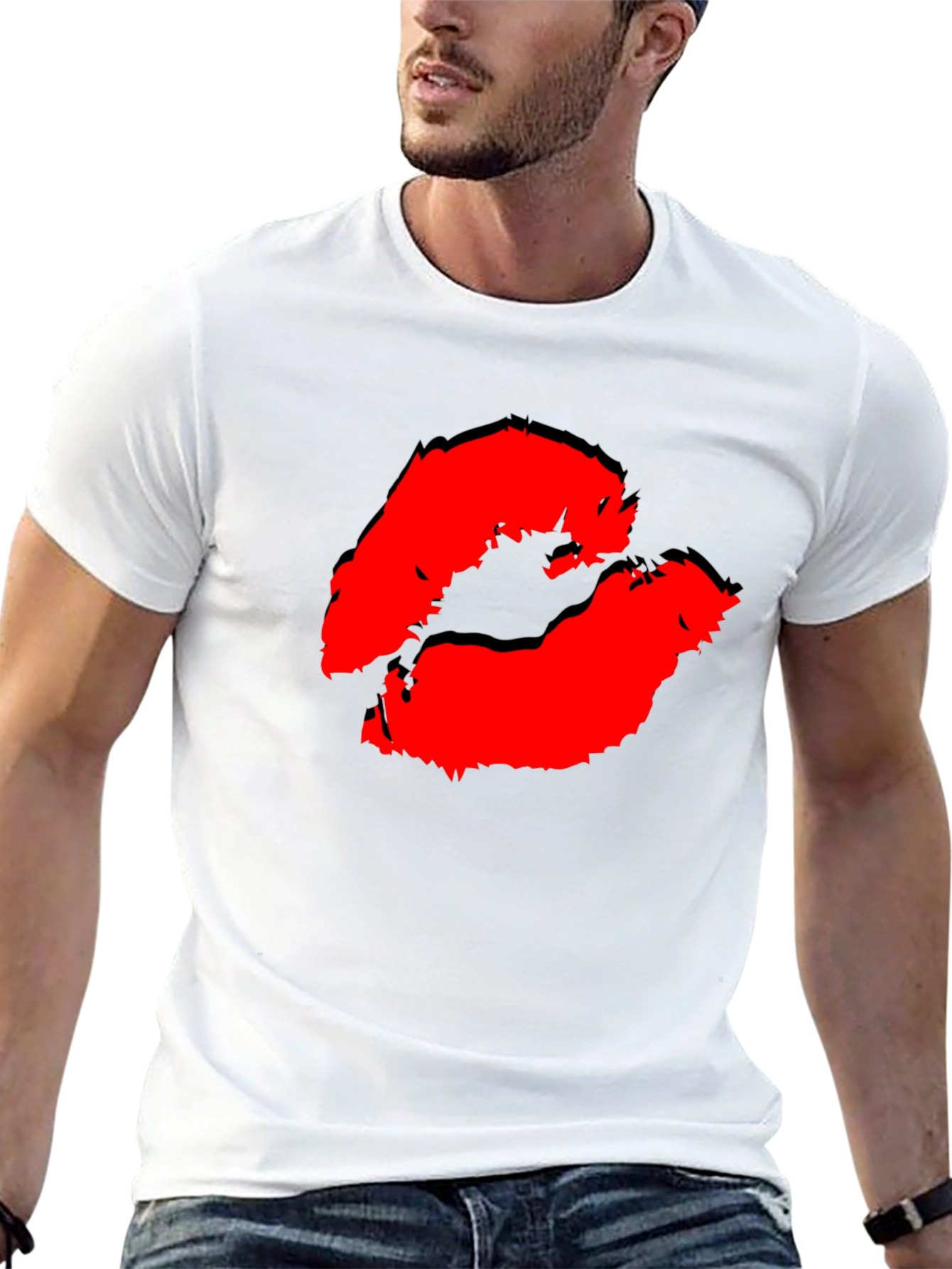 Black Red Lips Kiss Print Black Casual T-Shirt view 13