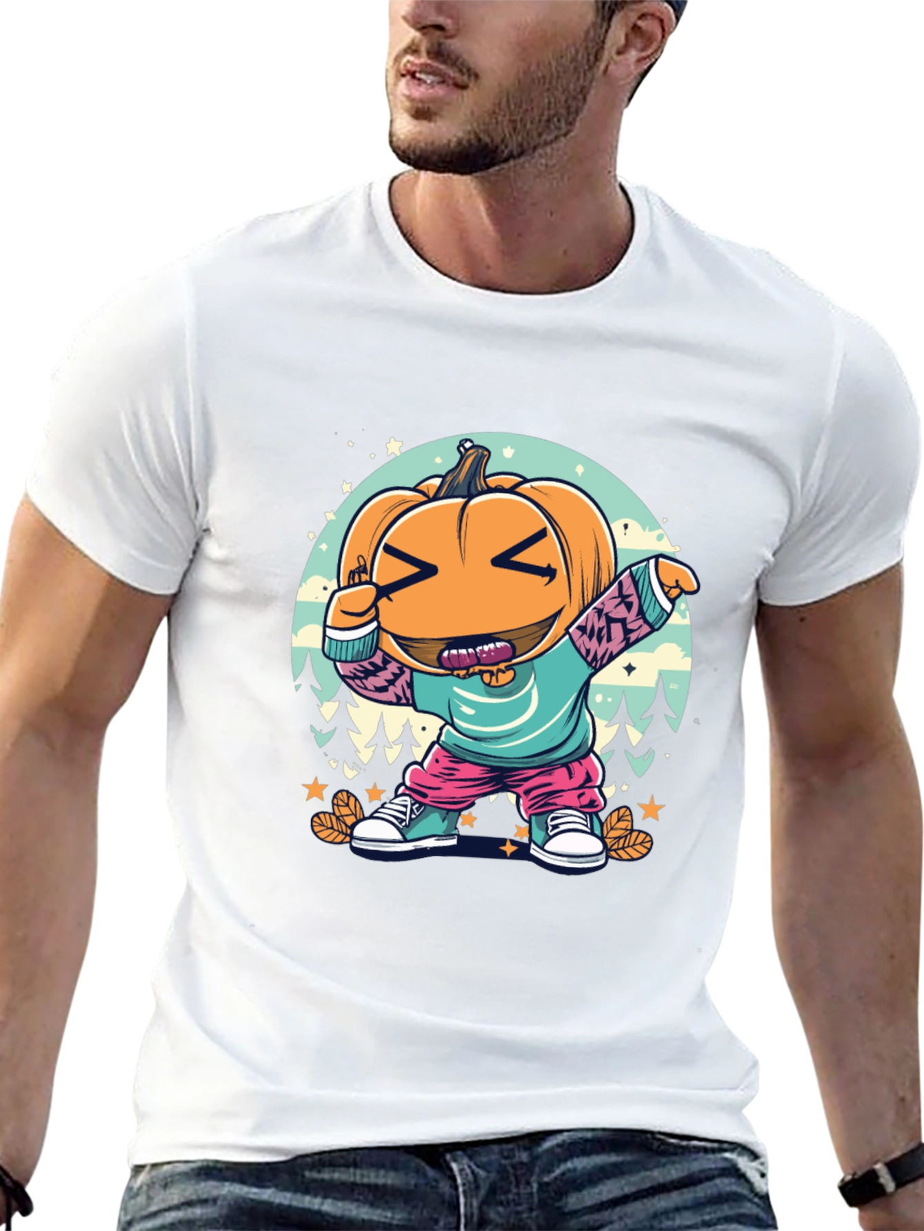 Black Dabbing Pumpkin Cartoon T-Shirt - Halloween Style view 13