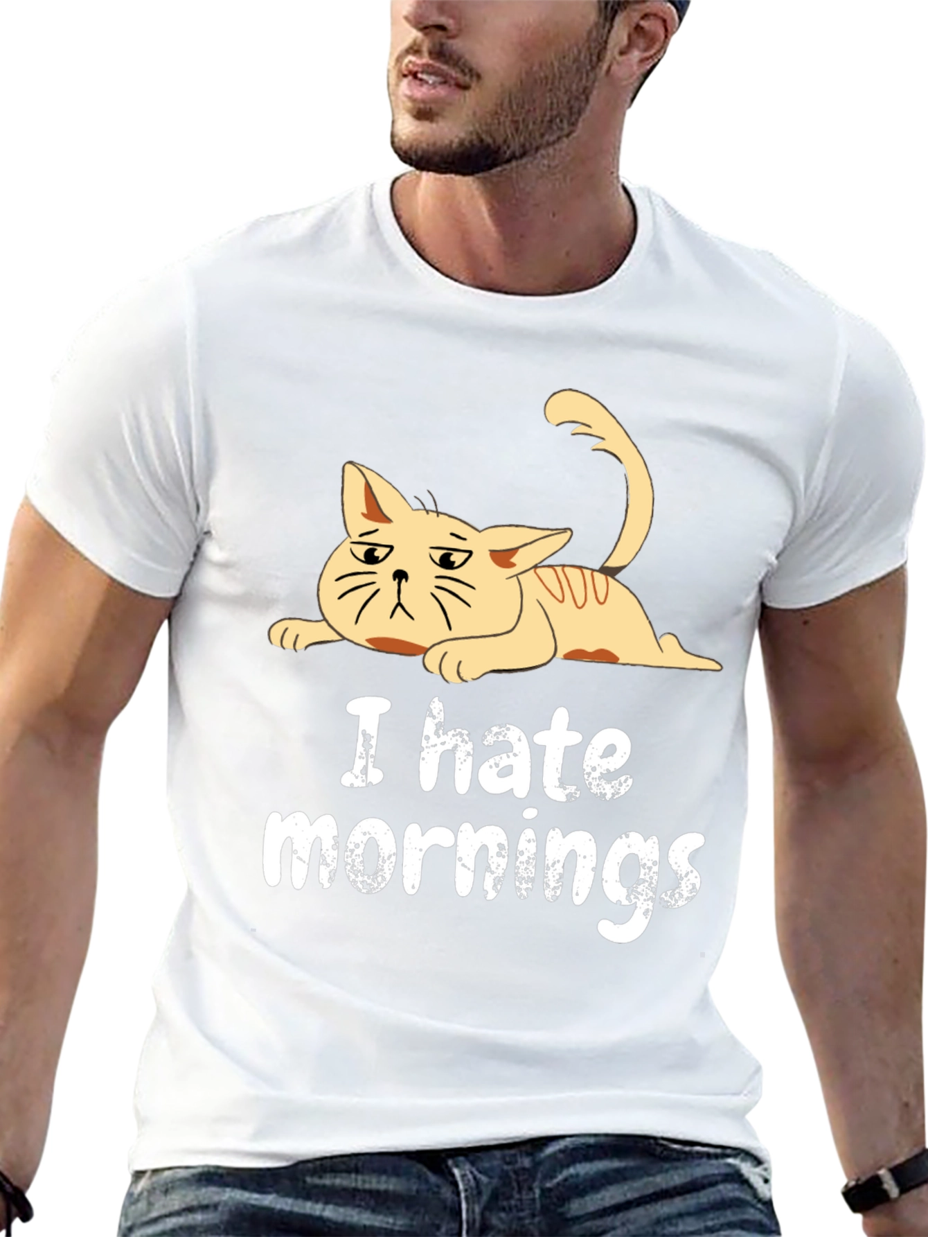 Black I Hate Mornings Cat T-Shirt - Black Cotton Tee view 13