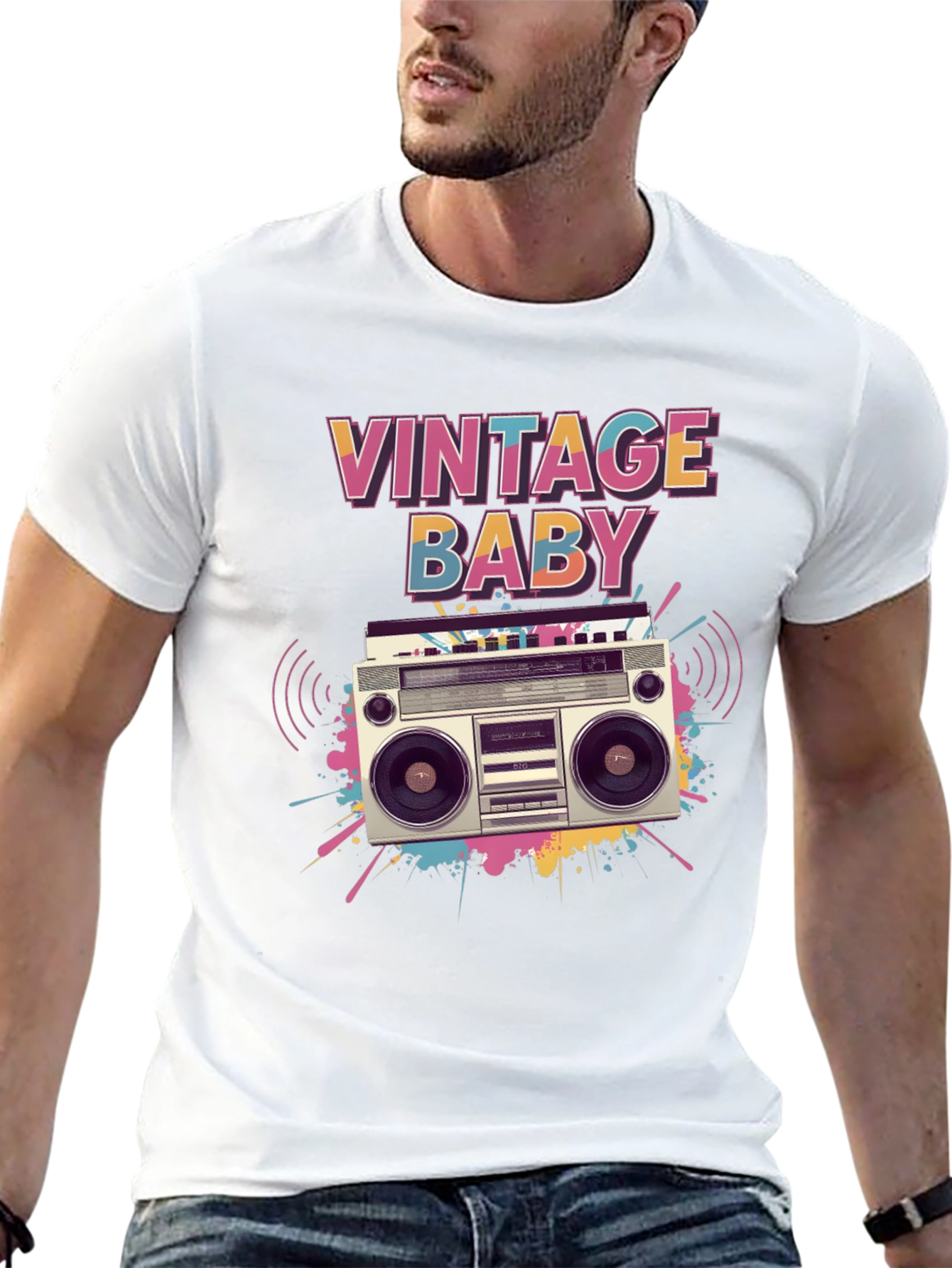 Black Vintage Baby Graphic Tee - Retro Boombox Design view 13