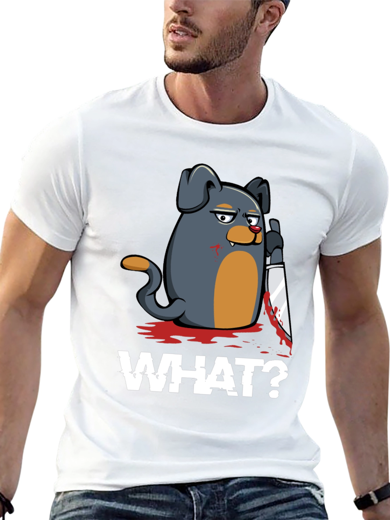 Black Men's 'What?' Dog with Knife Graphic T-Shirt view 13