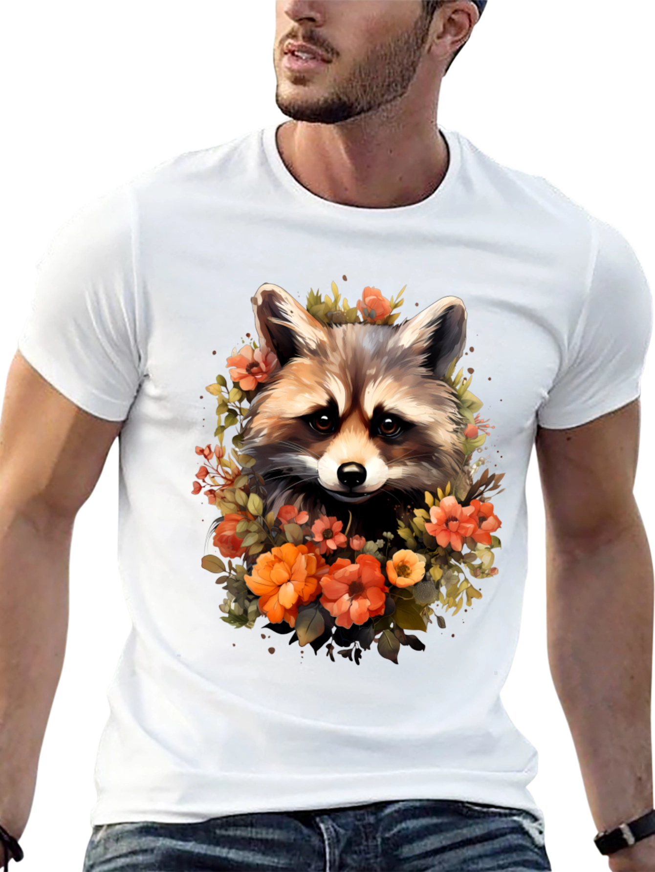 Black Raccoon & Floral Graphic Tee - Soft Black T-Shirt view 13