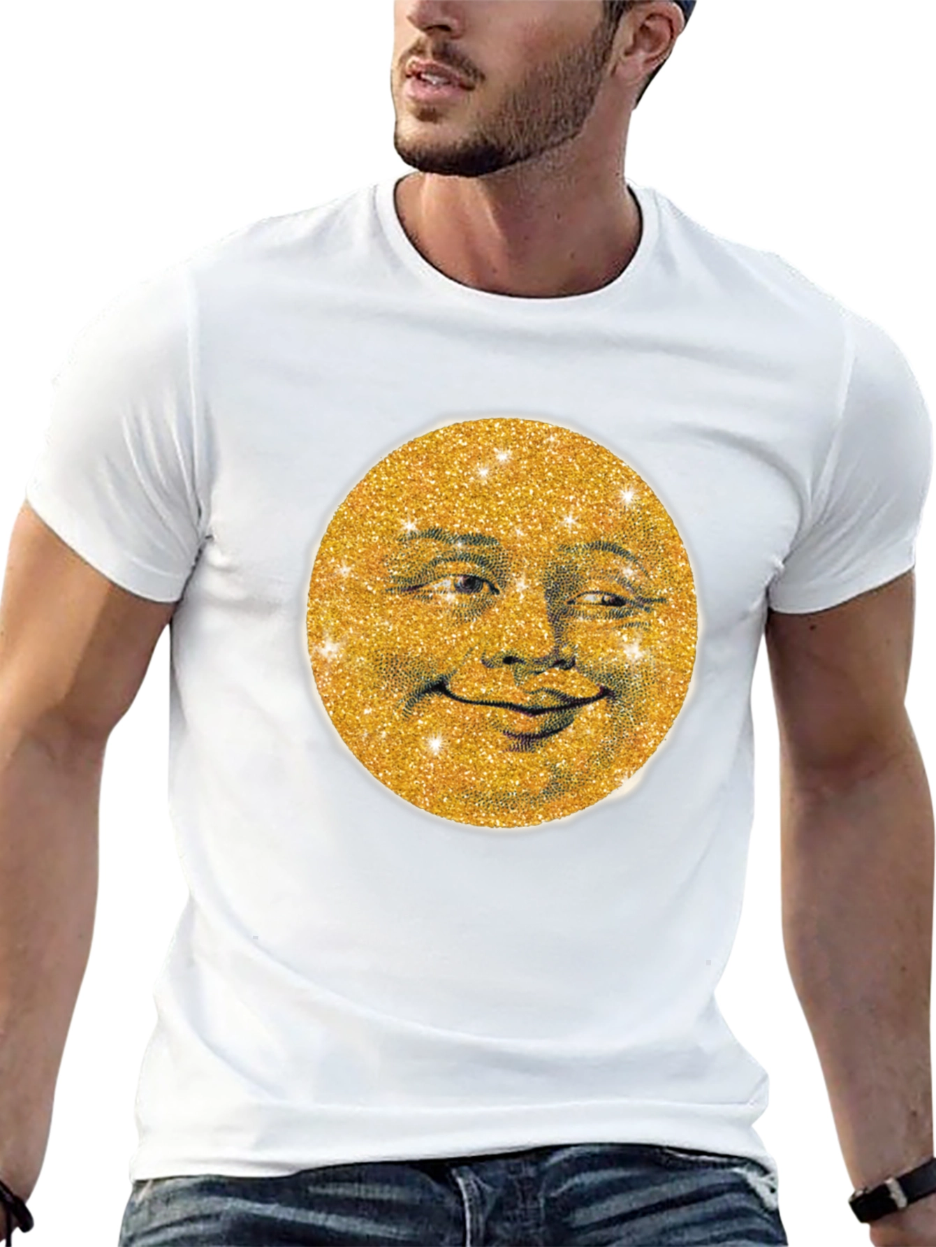 Black Golden Moon Face Graphic Tee - Stylish & Unique view 13