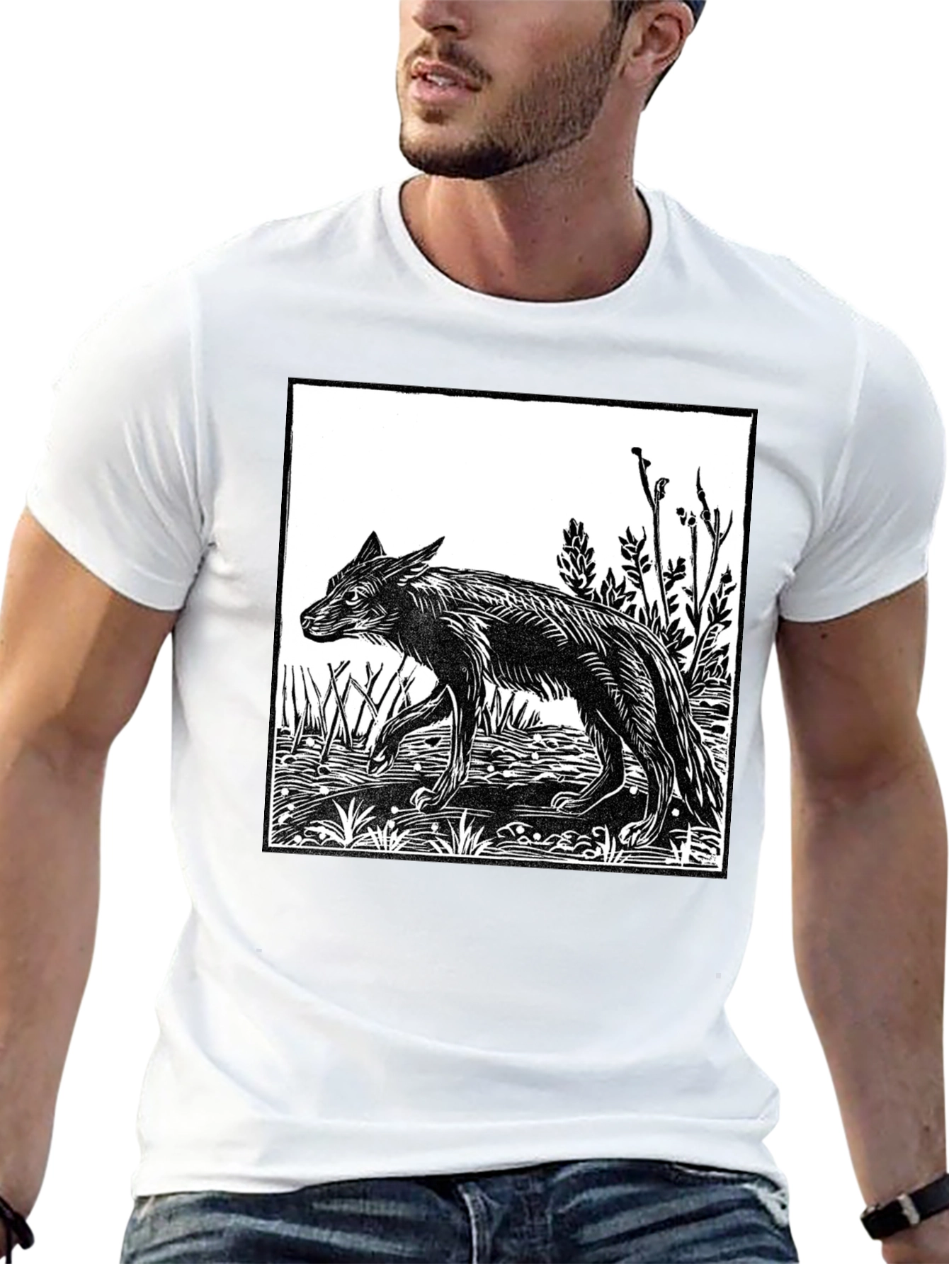 Black Woodcut Wolf Graphic T-Shirt - Black view 13