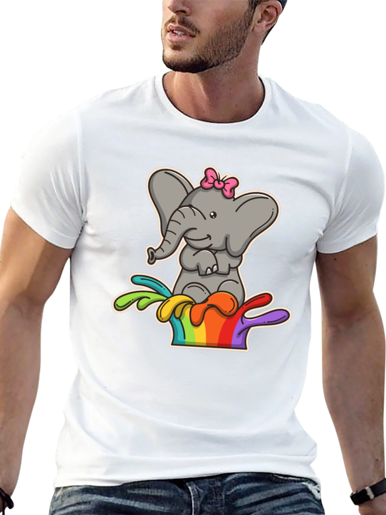 Black Elephant Rainbow Splash Tee - Cute Cartoon Graphic Shirt view 13