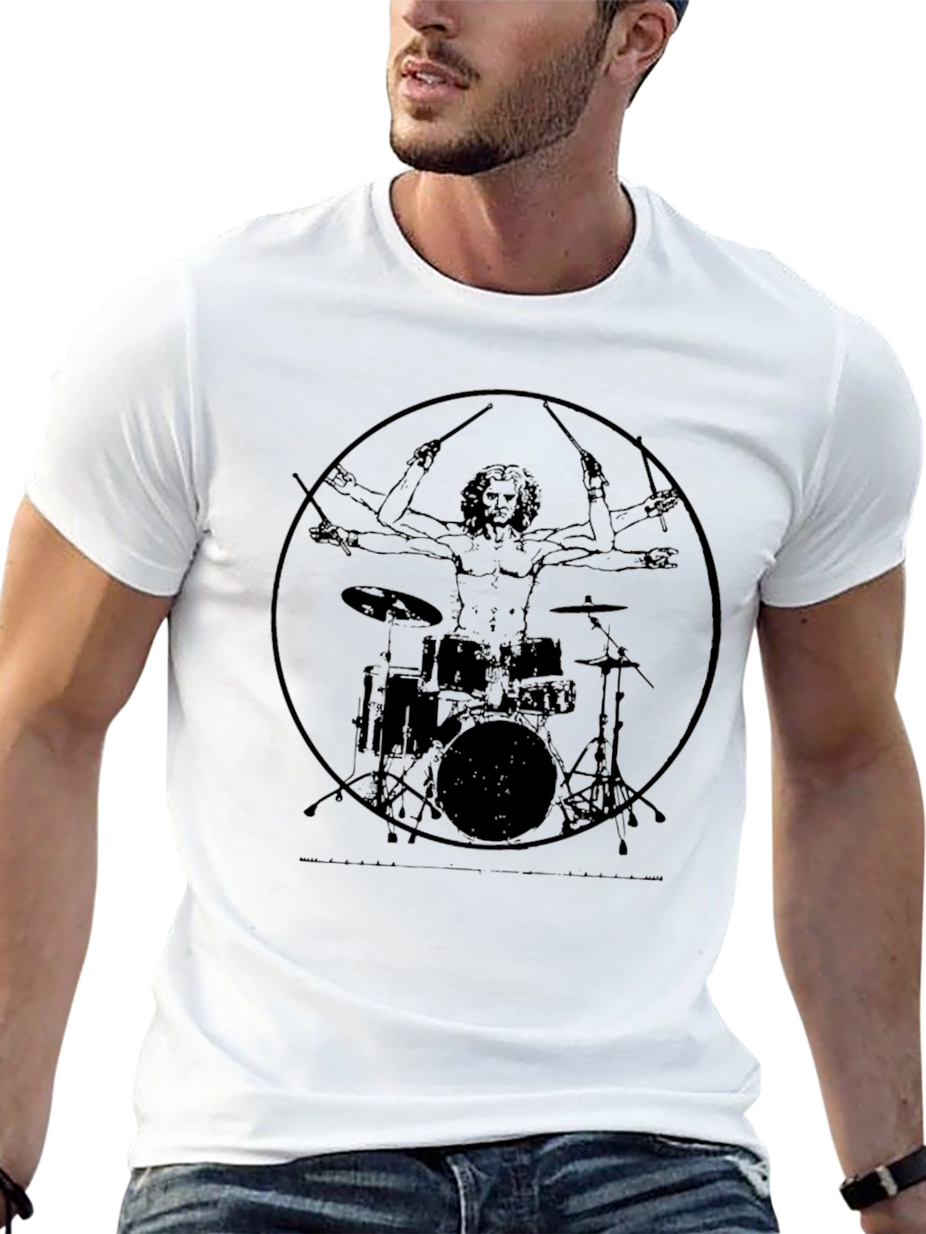 Black Drummer Vitruvian Man Black T-Shirt view 13