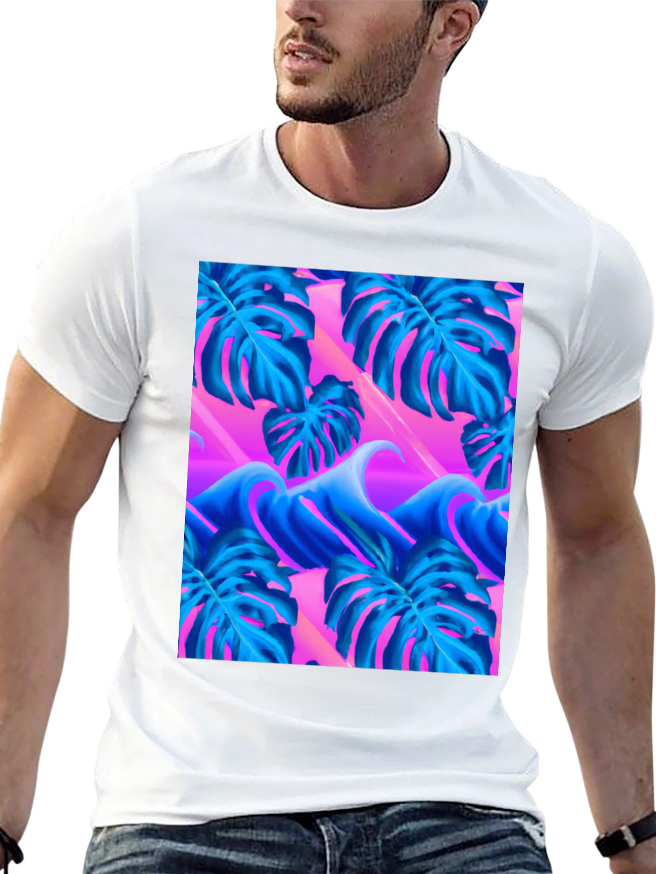 Black Vaporwave Monstera Leaf T-Shirt view 13