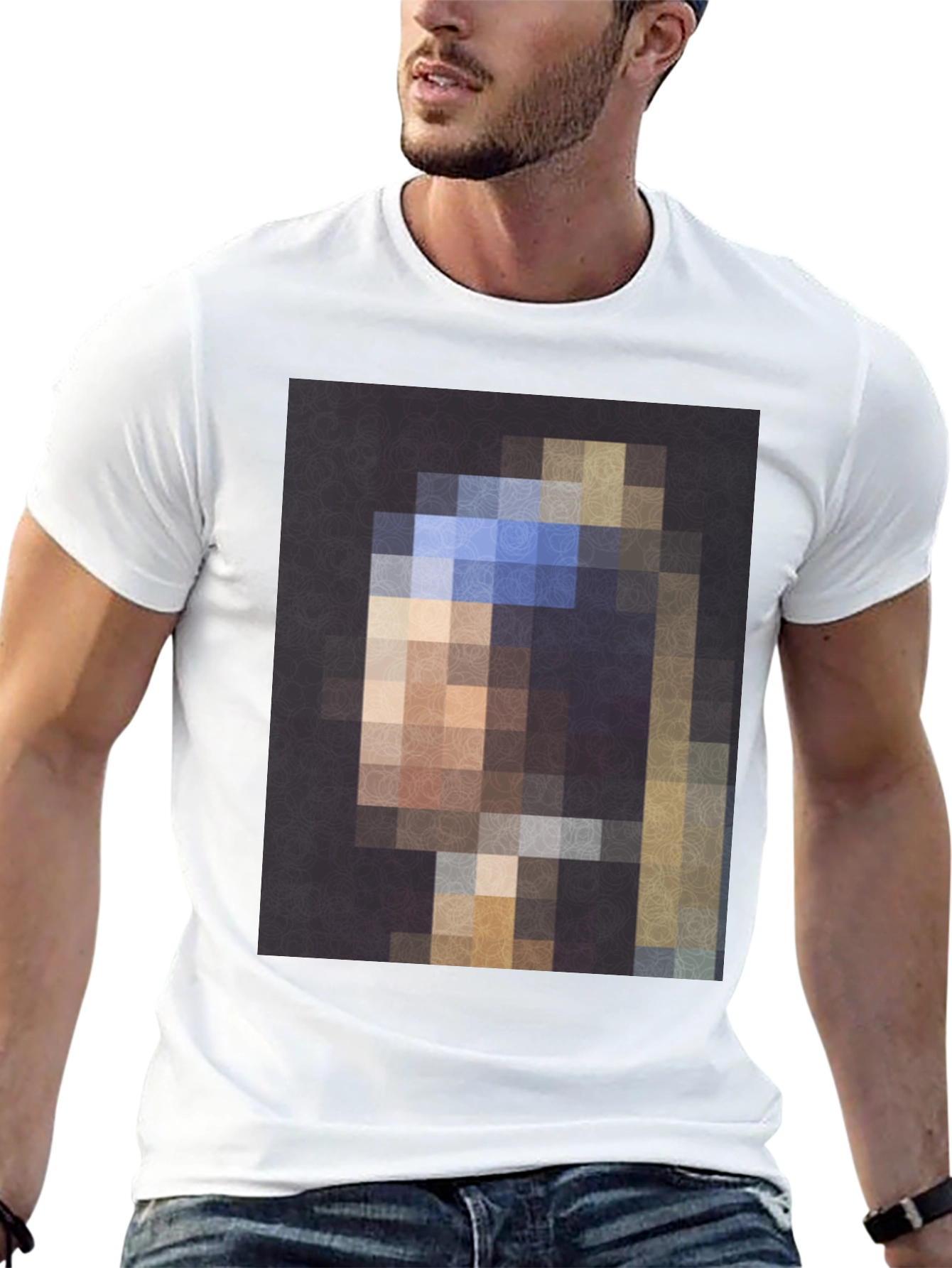 Black Pixelated Girl with a Pearl Earring T-Shirt view 13