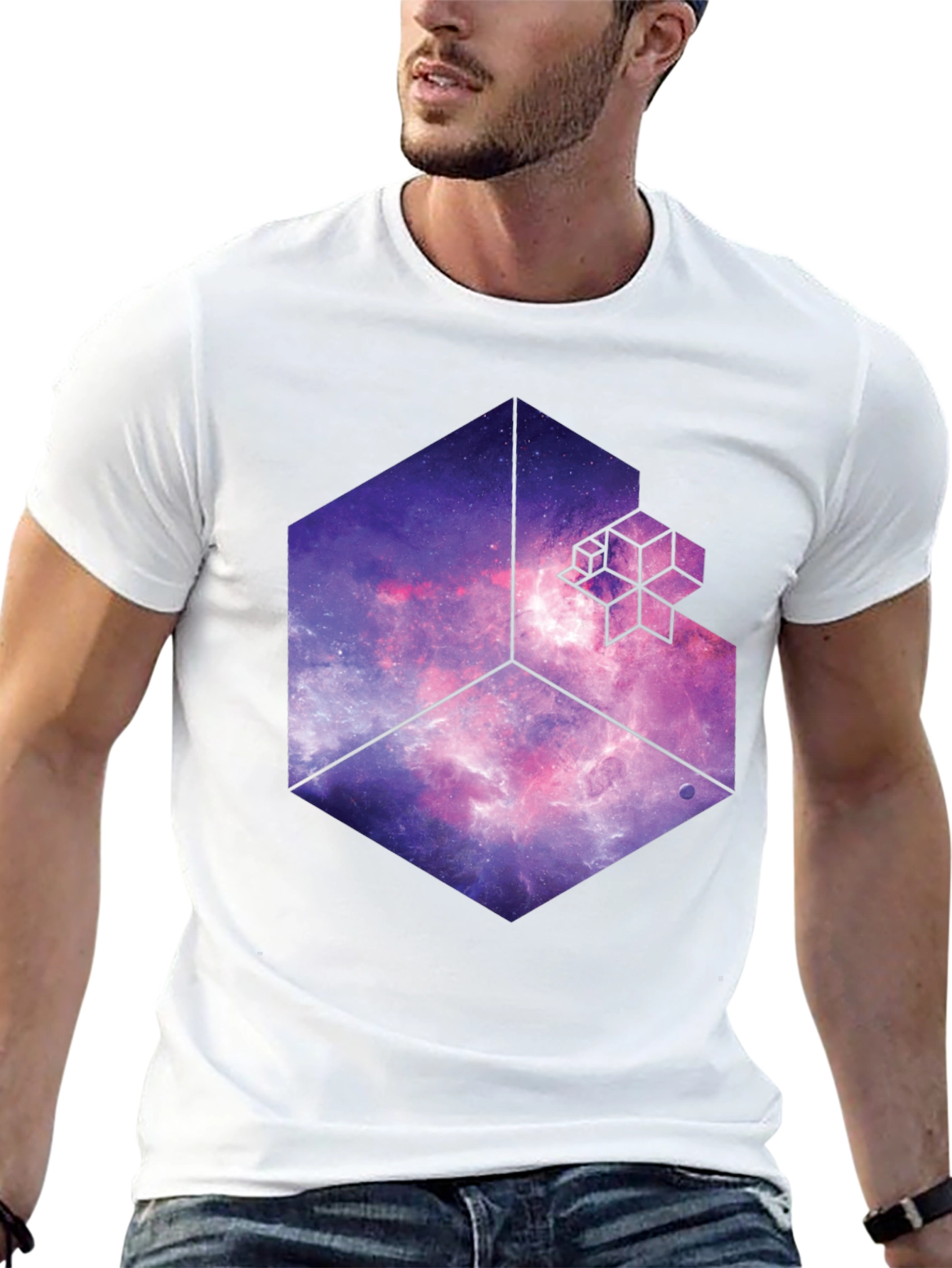 Black Cosmic Cube Black T-Shirt - Galaxy Fractal Design view 13
