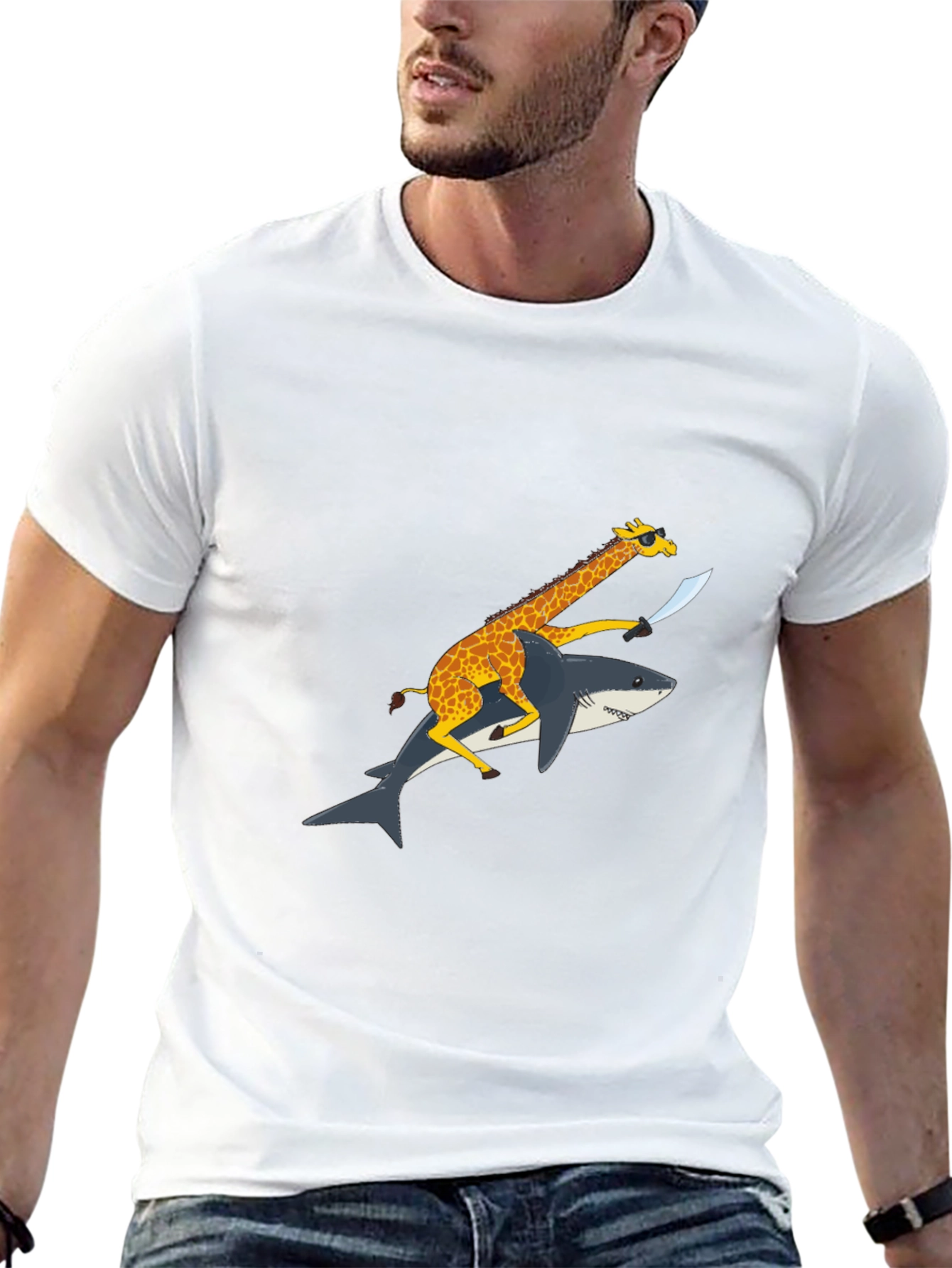Black Giraffe Riding Shark Graphic Tee - Funny Animal Shirt view 13