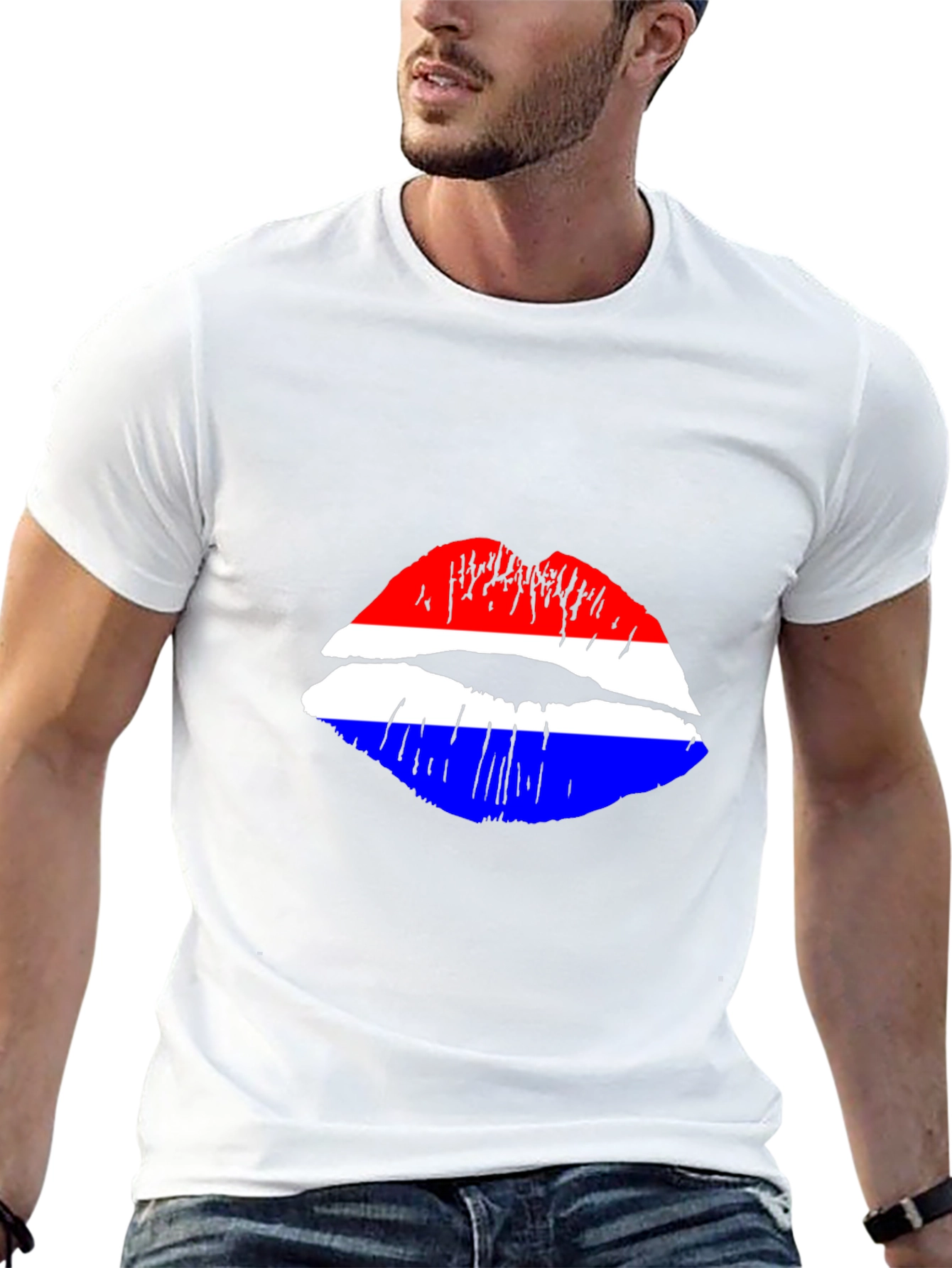 Black Lip Print Graphic Tee - Red White and Blue view 13