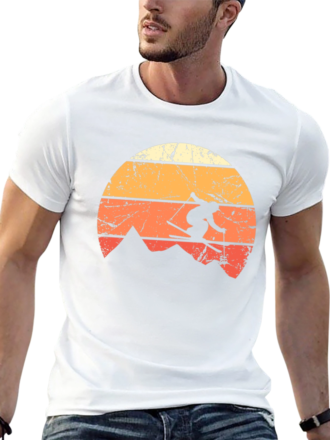 Black Retro Skiing T-Shirt - Vintage Mountain Sunset Design view 13