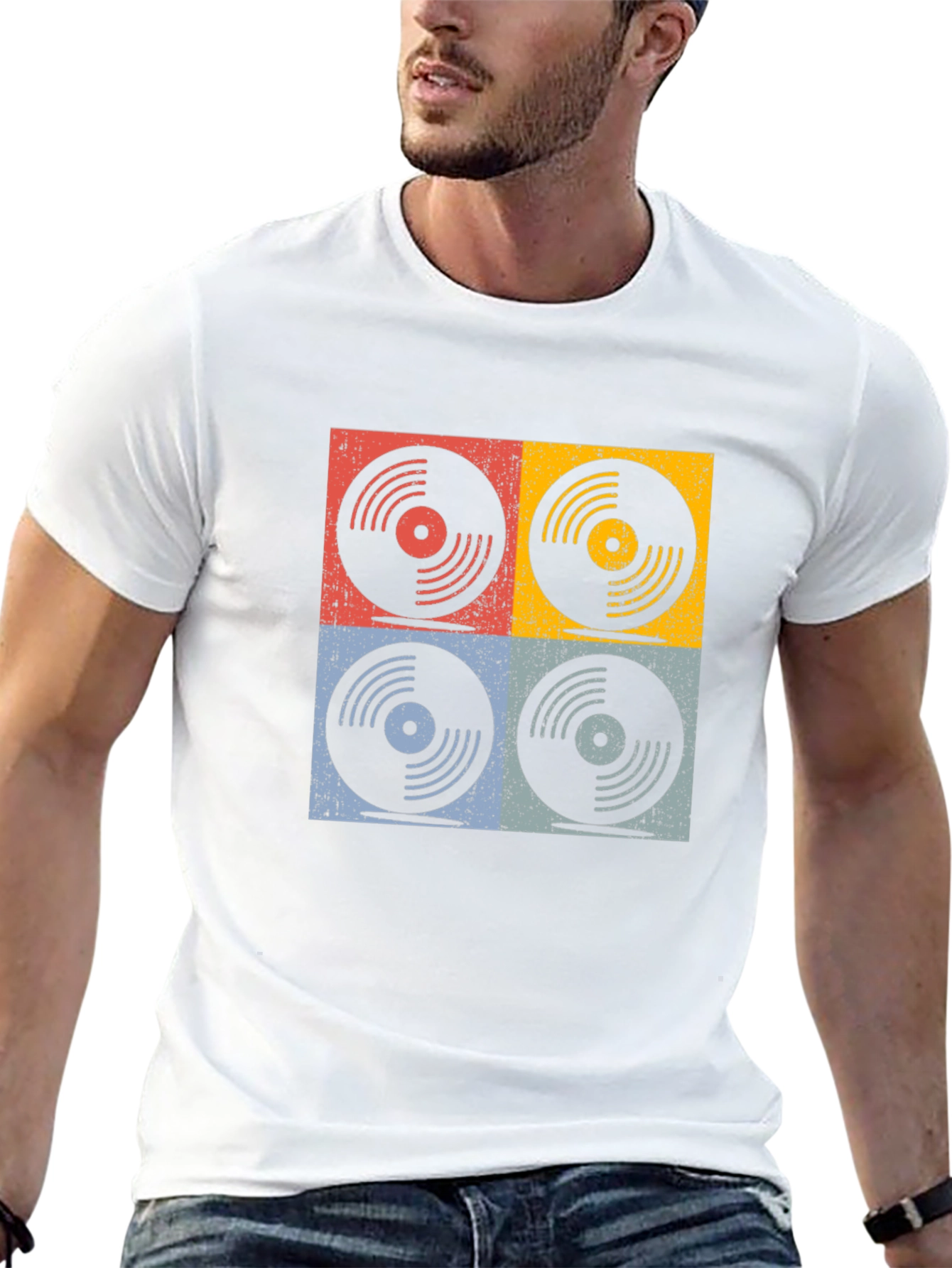 Black Retro Vinyl Record Graphic T-Shirt - Four Panel Design view 13