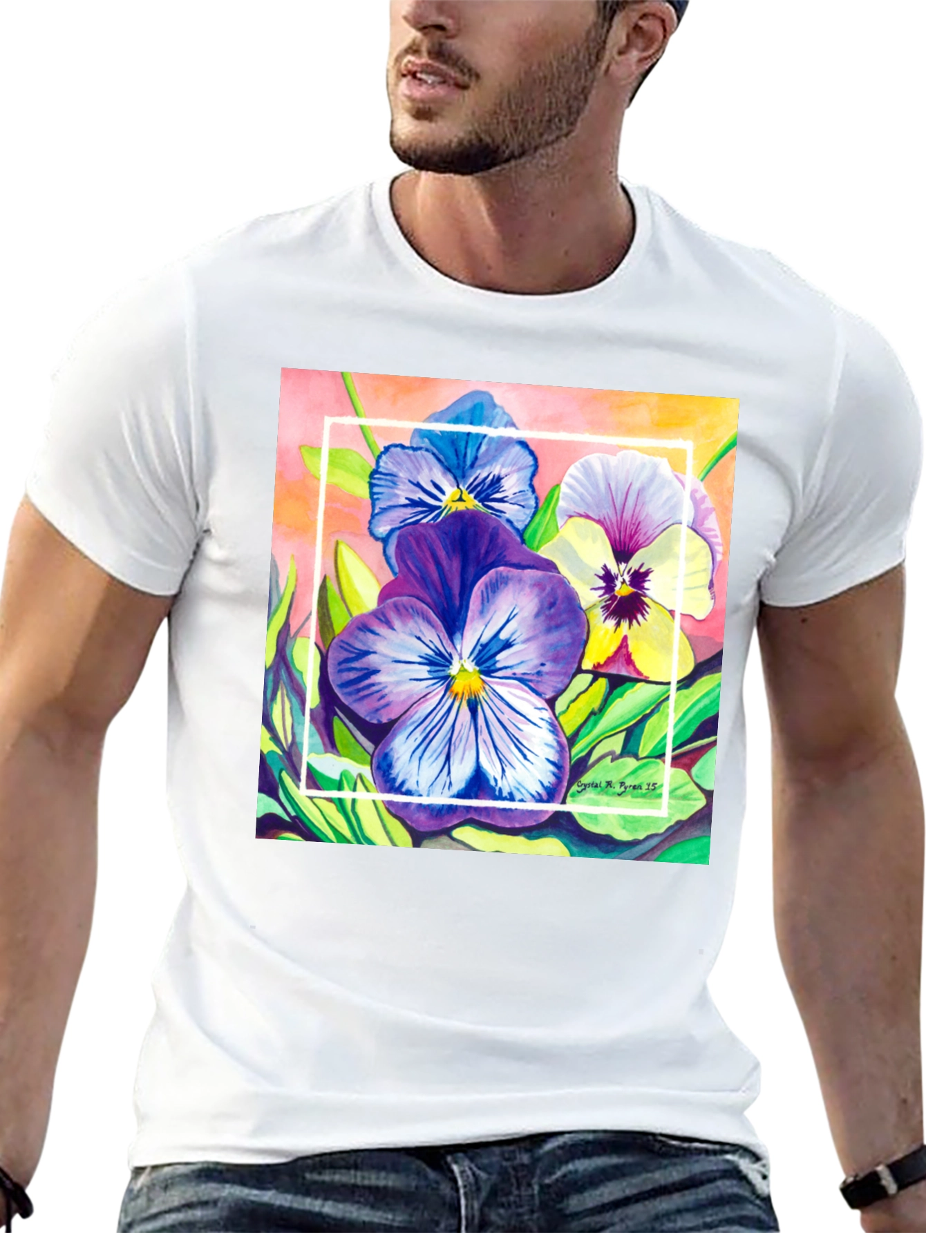 Black Floral Pansies Watercolor T-Shirt view 13