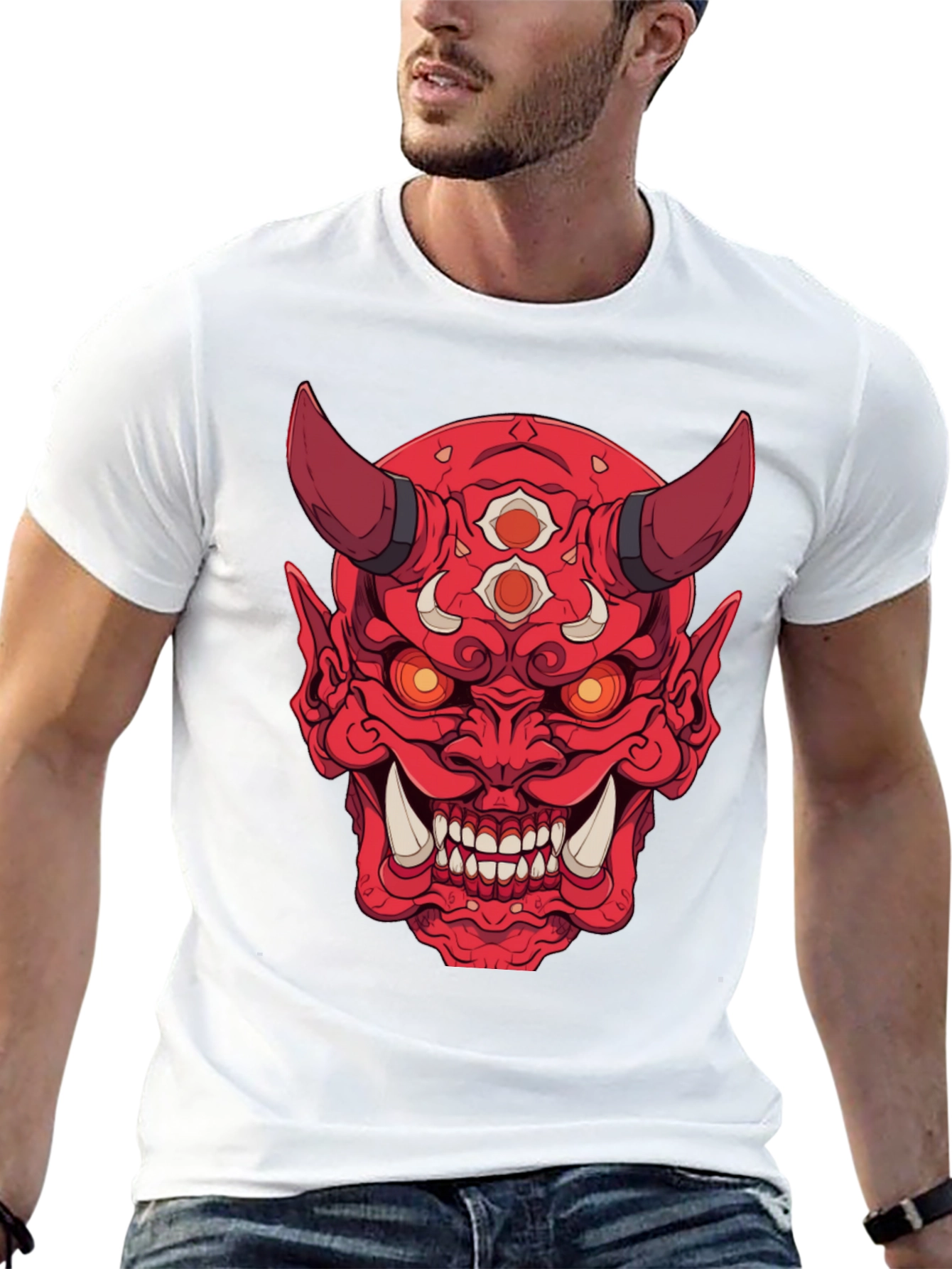 Black Red Oni Demon Graphic Print Black T-Shirt view 13