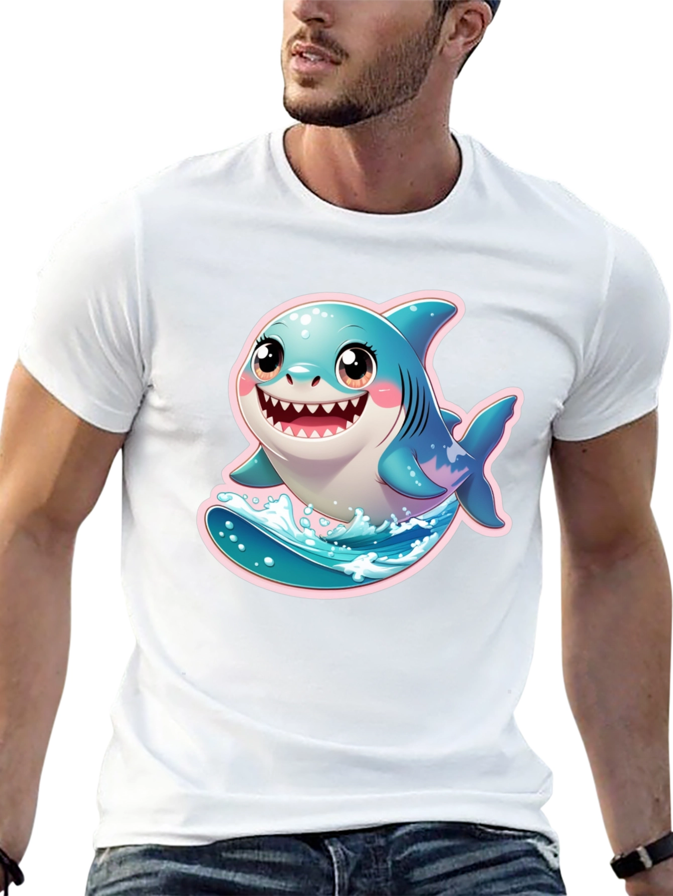 Black Cute Cartoon Shark Graphic Black T-Shirt view 13