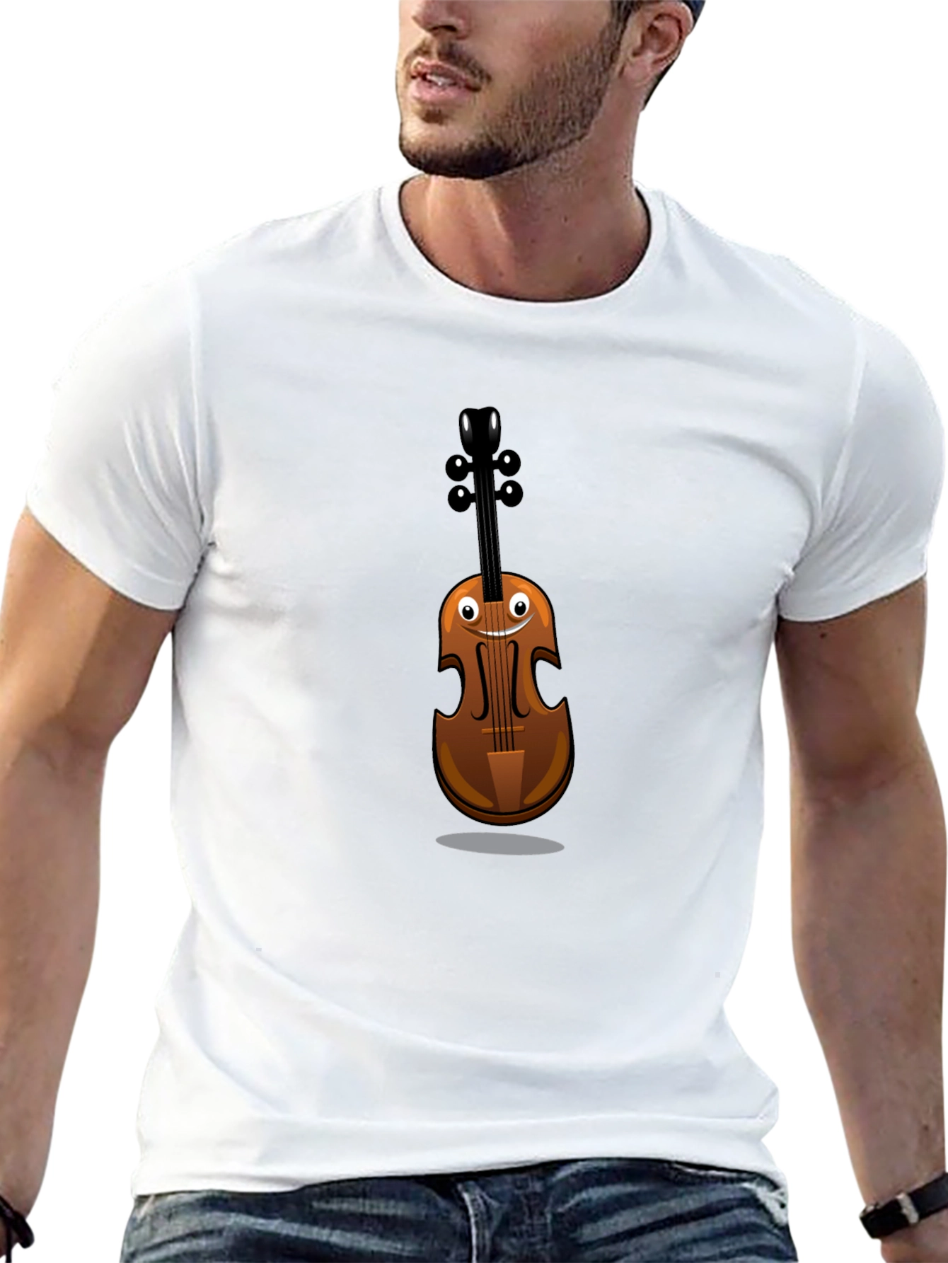 Black Funny Cartoon Violin Graphic Tee - Black Cotton Shirt view 13