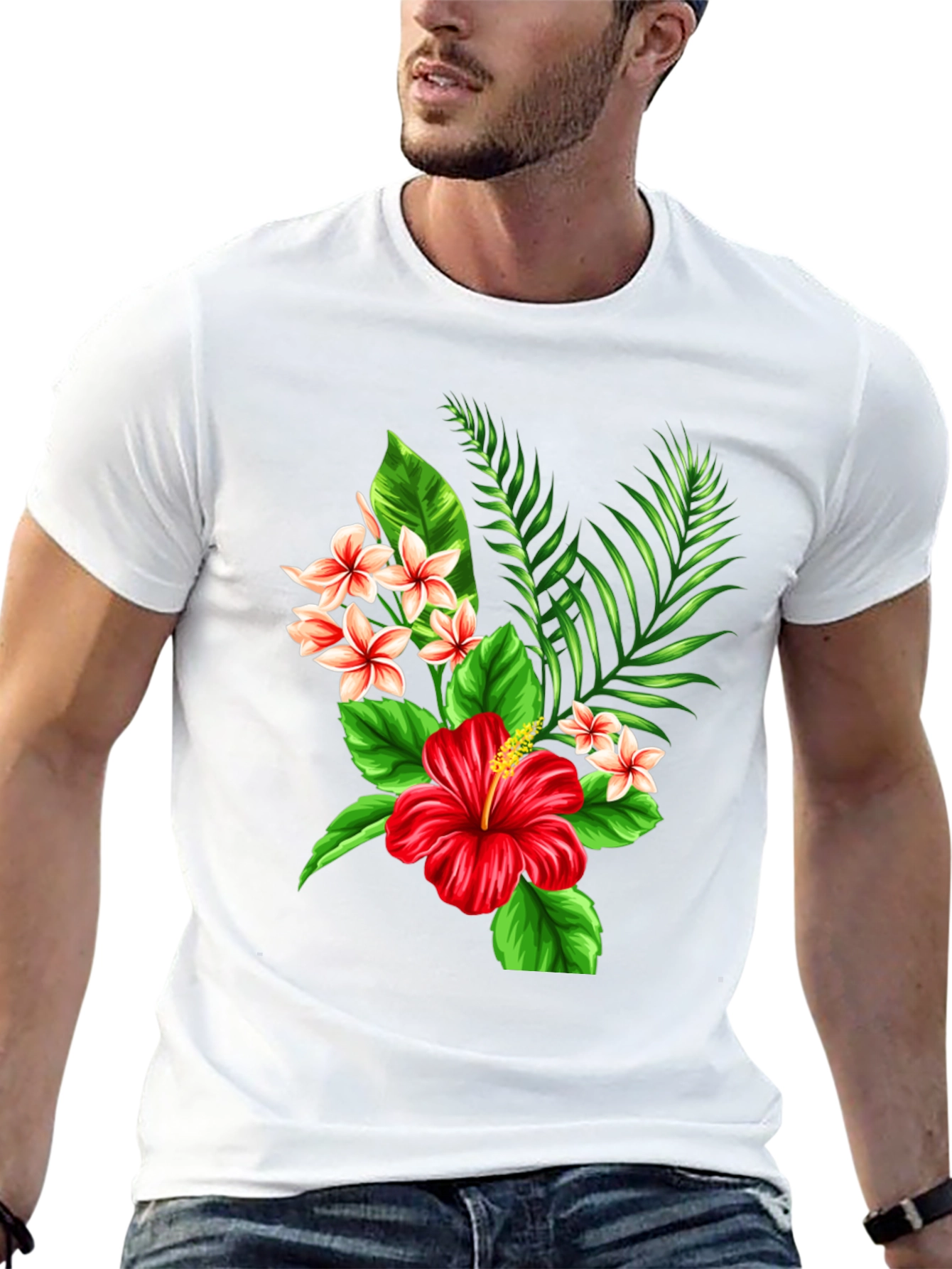 Black Tropical Floral T-Shirt - Red Hibiscus & Plumeria Design view 13