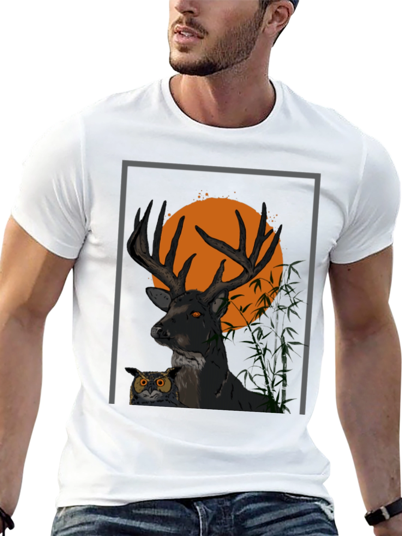 Black Deer & Owl Graphic Tee - Nature Inspired Men's Shirt view 13