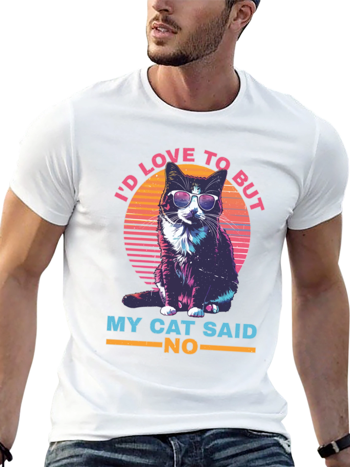 Black Cool Cat T-Shirt - I'd Love To But My Cat Said No view 13