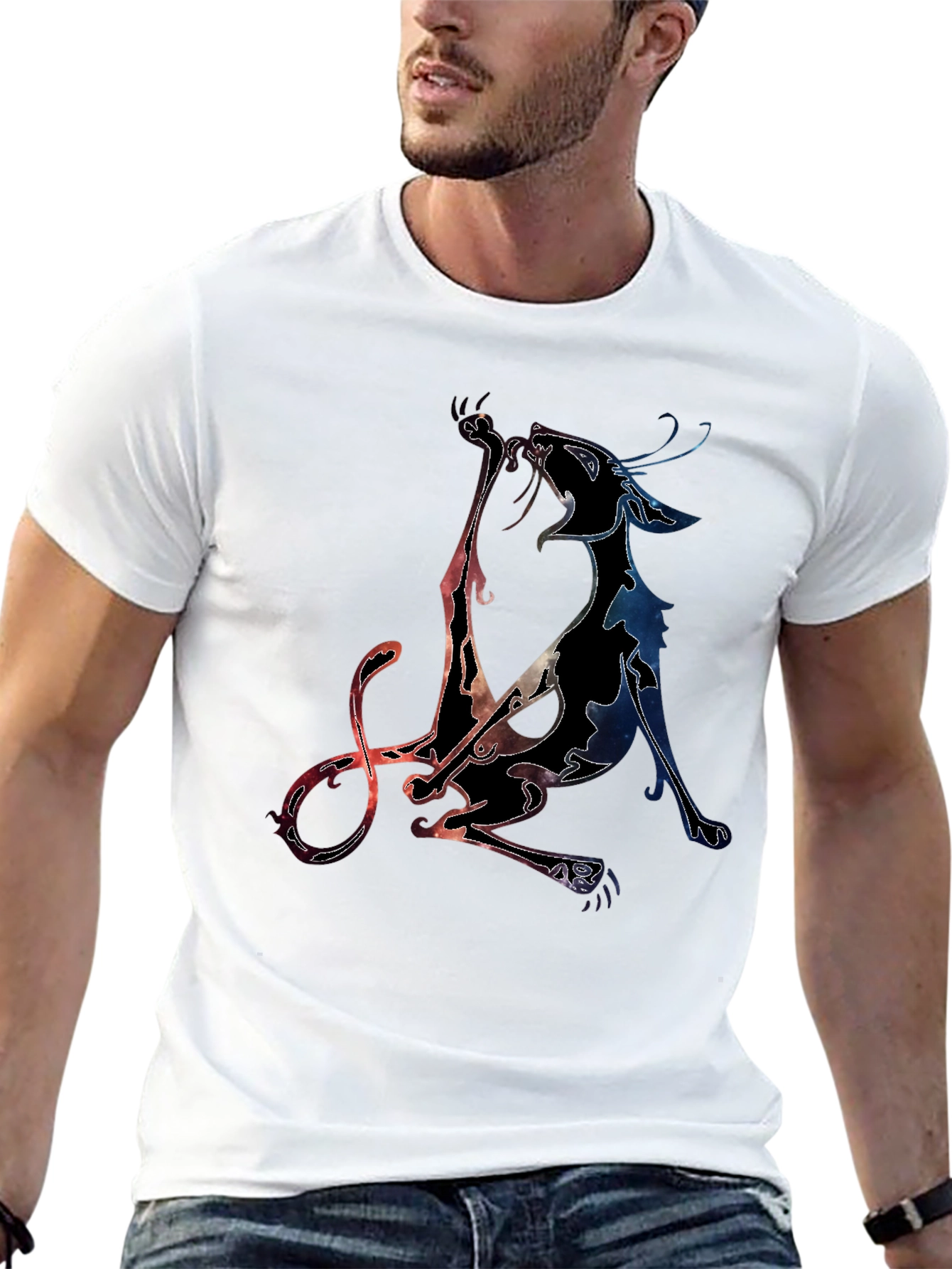 Black Abstract Cat Graphic T-Shirt - Stylish Men's Crew Neck Tee view 13