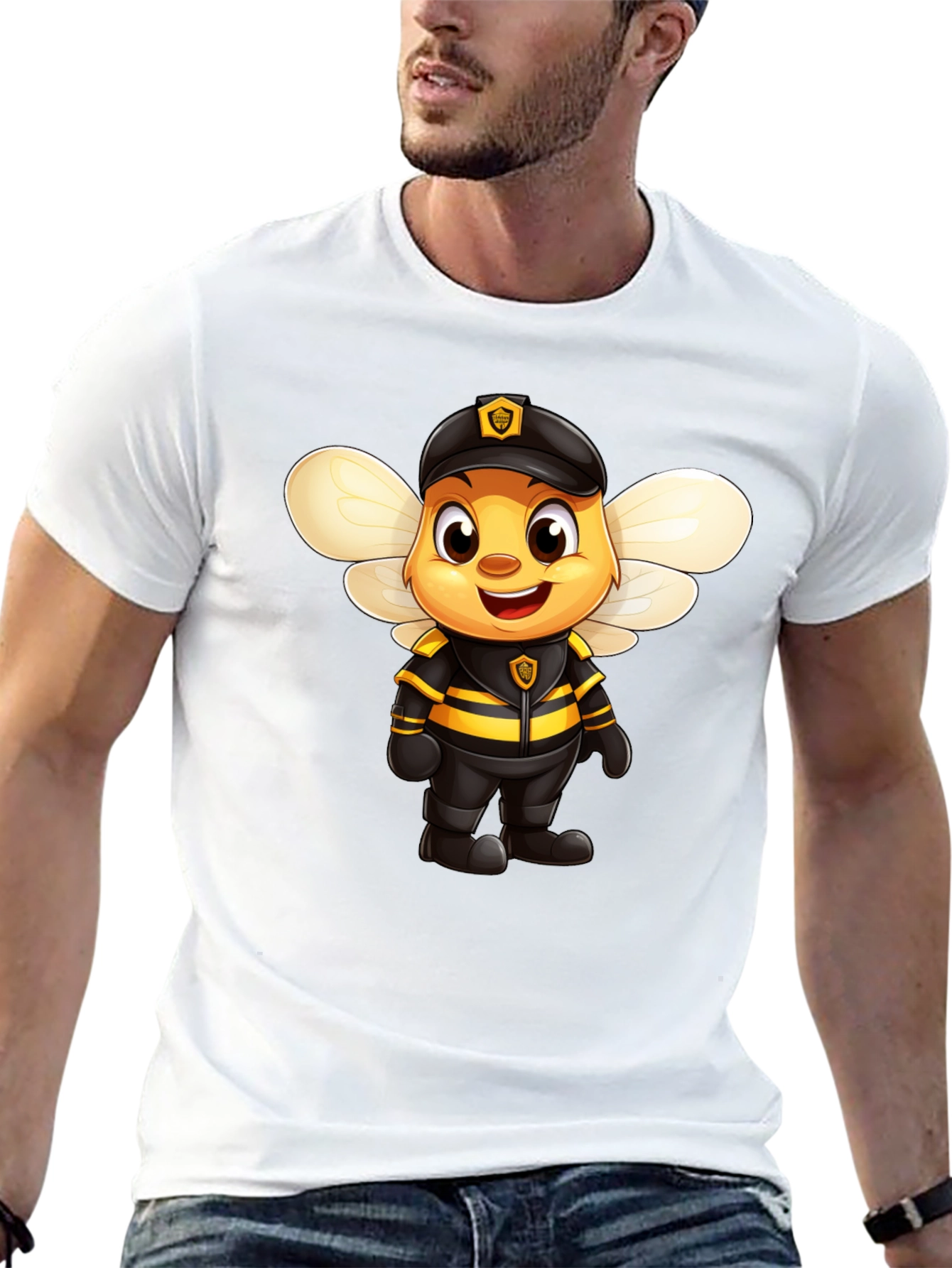 Black Cartoon Bee Police Officer Graphic Tee view 13