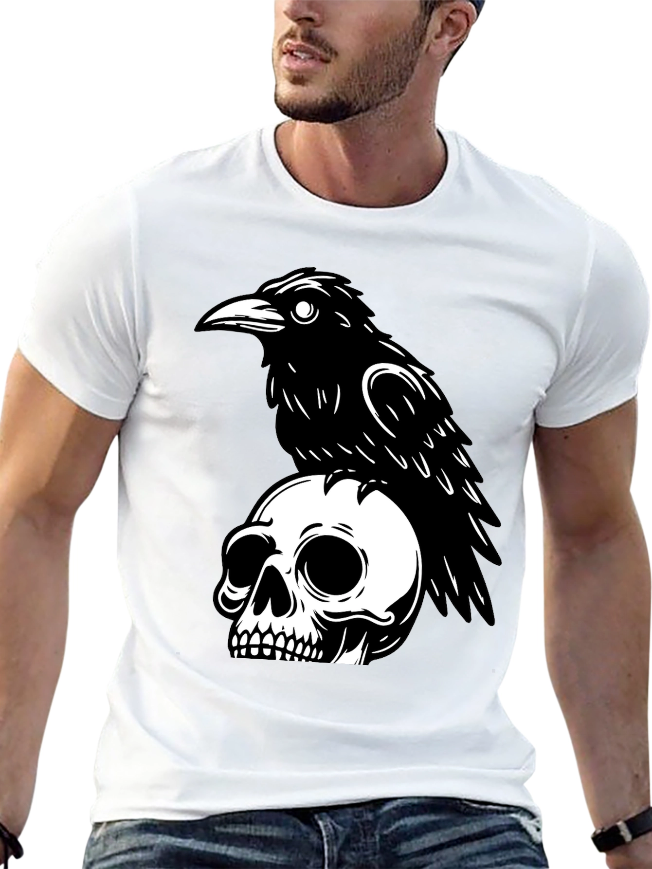 Black Raven on Skull Graphic T-Shirt - Black view 13