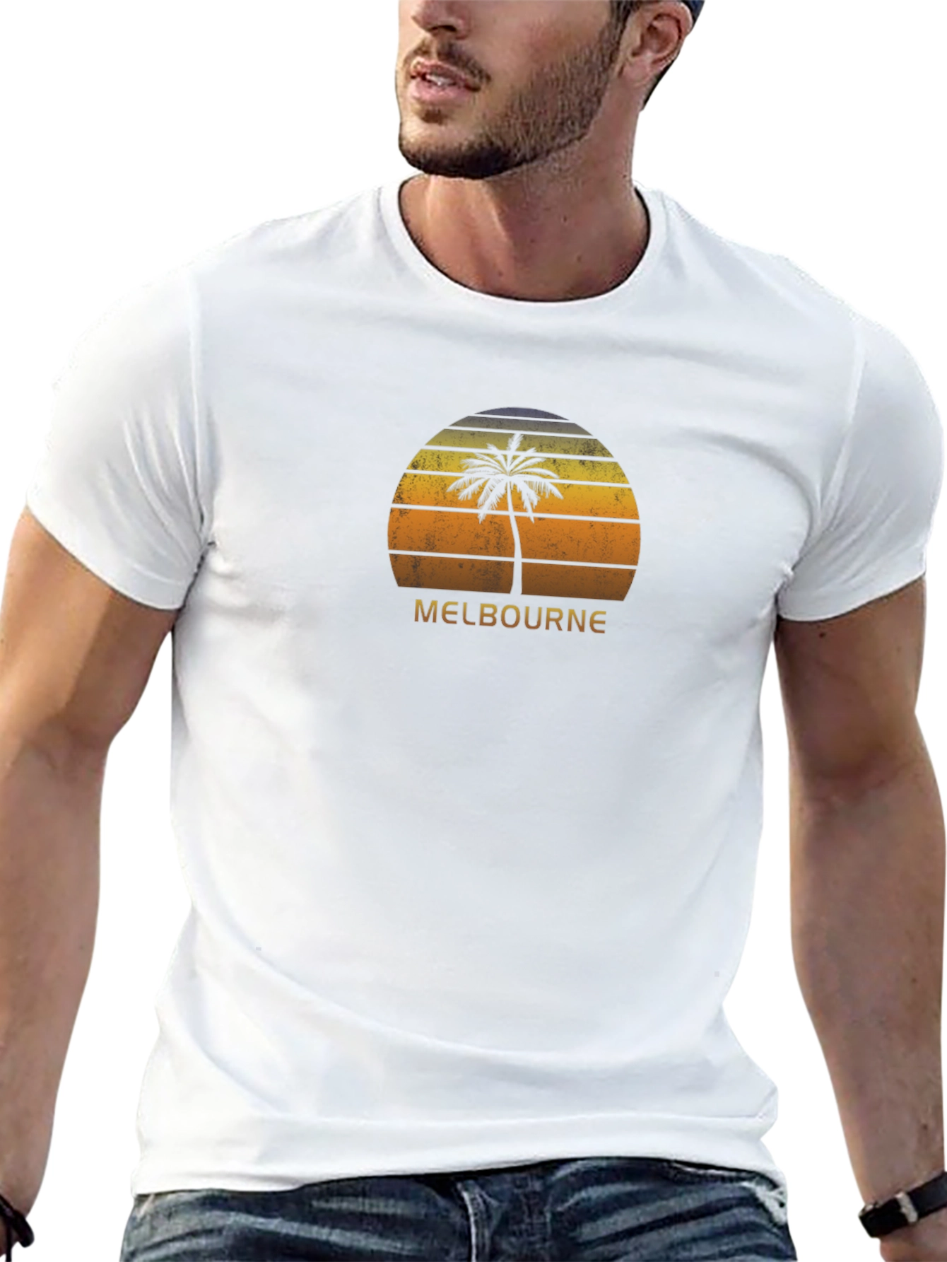 Black Melbourne Palm Tree Sunset Black T-Shirt view 13