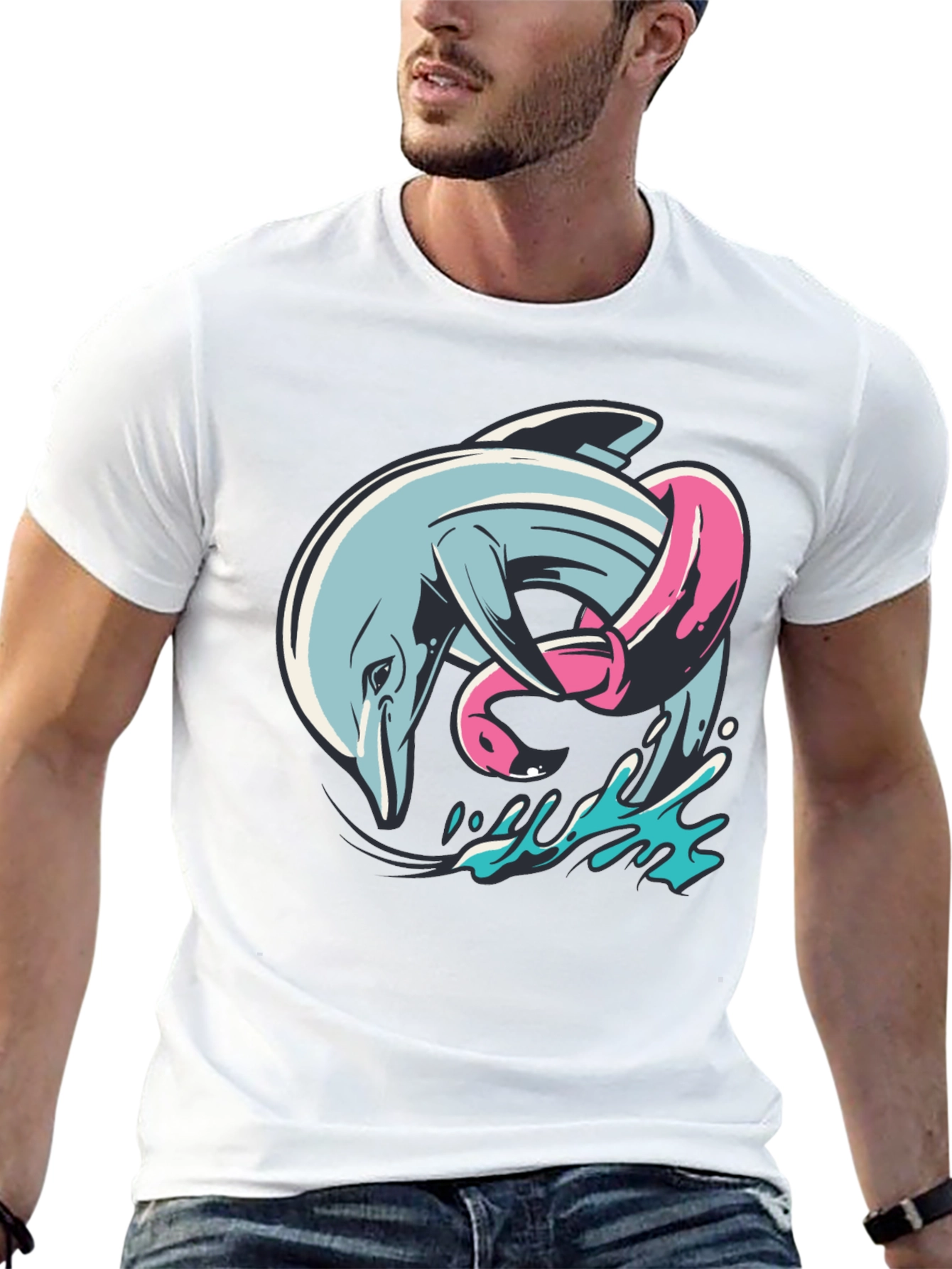 Black Dolphin & Flamingo T-Shirt - Unique Graphic Tee view 13
