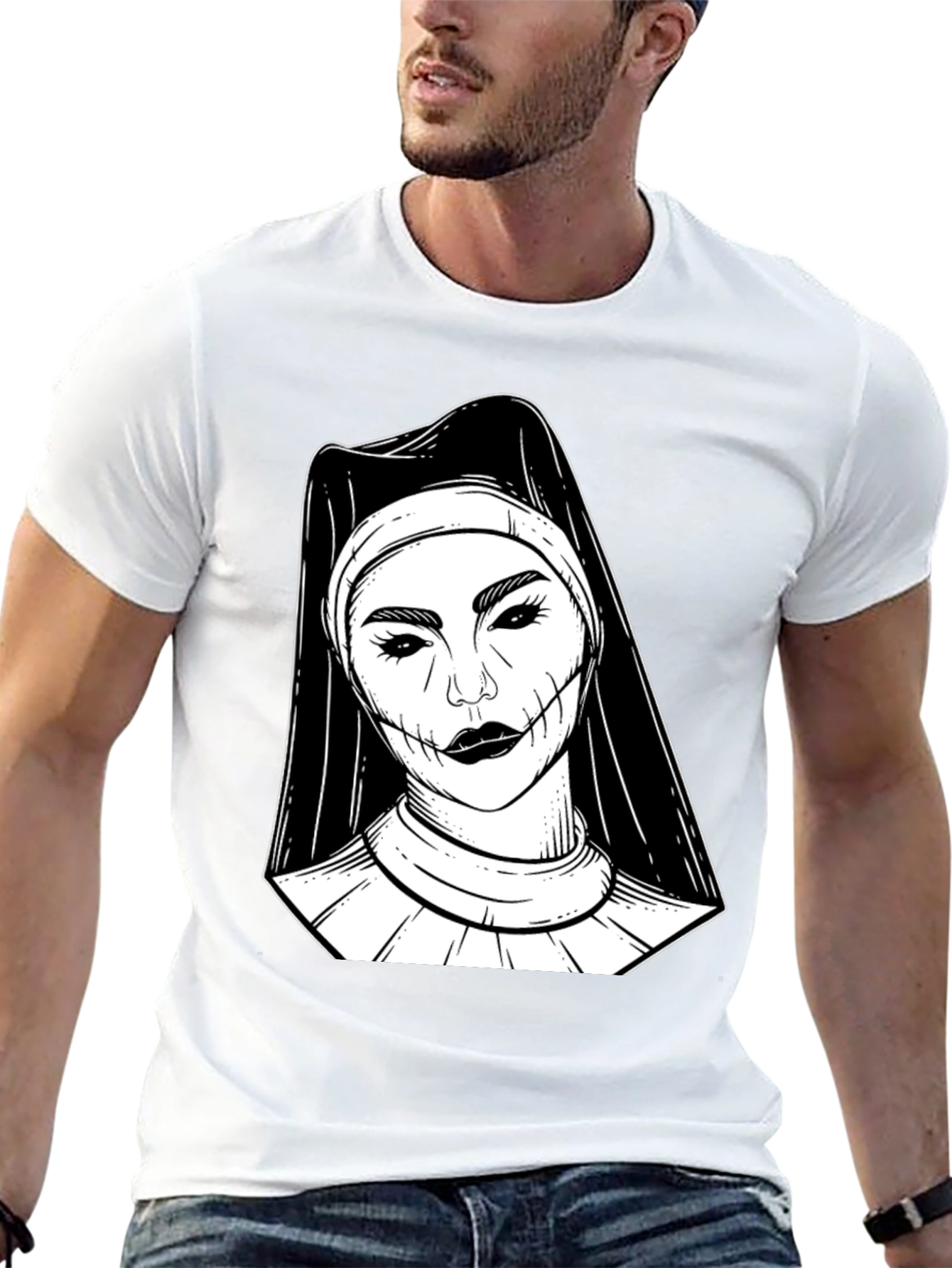 Black Creepy Nun Graphic Tee - Black Cotton Blend Shirt view 13