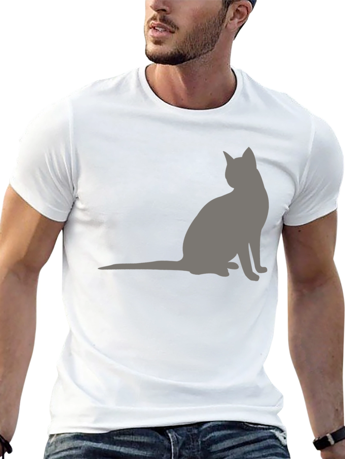 Black Men's Black T-Shirt with Grey Cat Silhouette view 13