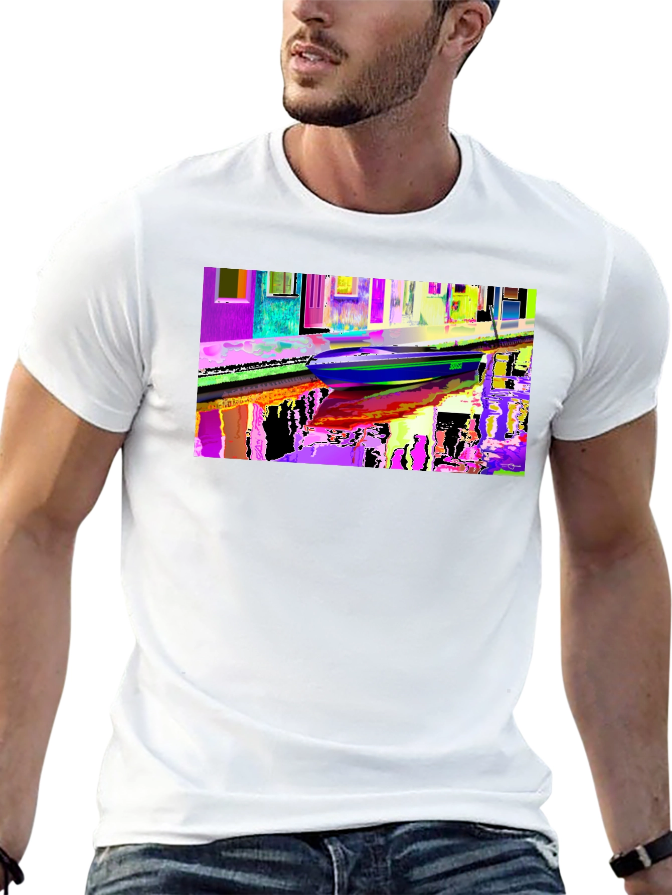 Black Colorful Venice Scene Graphic Black T-Shirt view 13